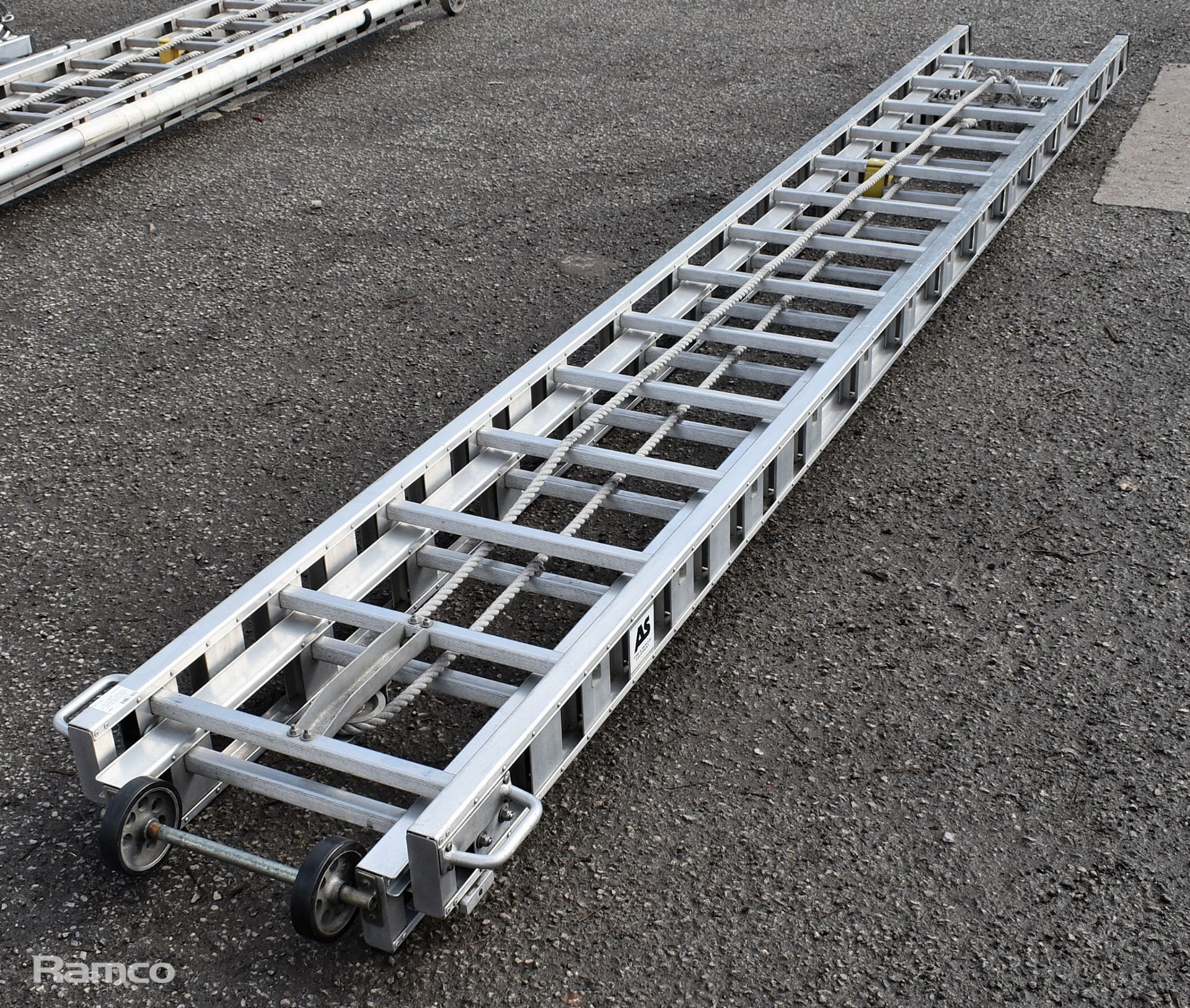 AS Fire & Rescue rope operated double extension 28 rung ladder - approx 23ft in length