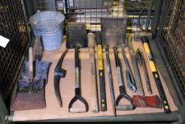 Hand tools - shovels, prying tools, sledgehammer, axe, pick axe head, tool handles and bucket