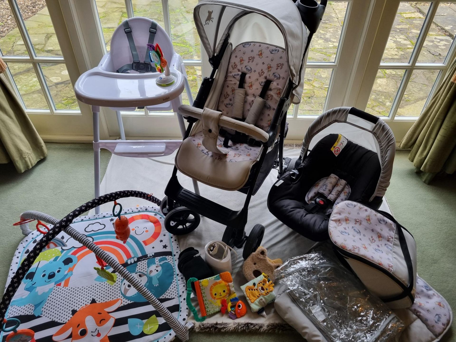 Hauck Disney Pushchair Travel System, Highchair, Tommee Tippee bottle warmer and case, playmat, toys