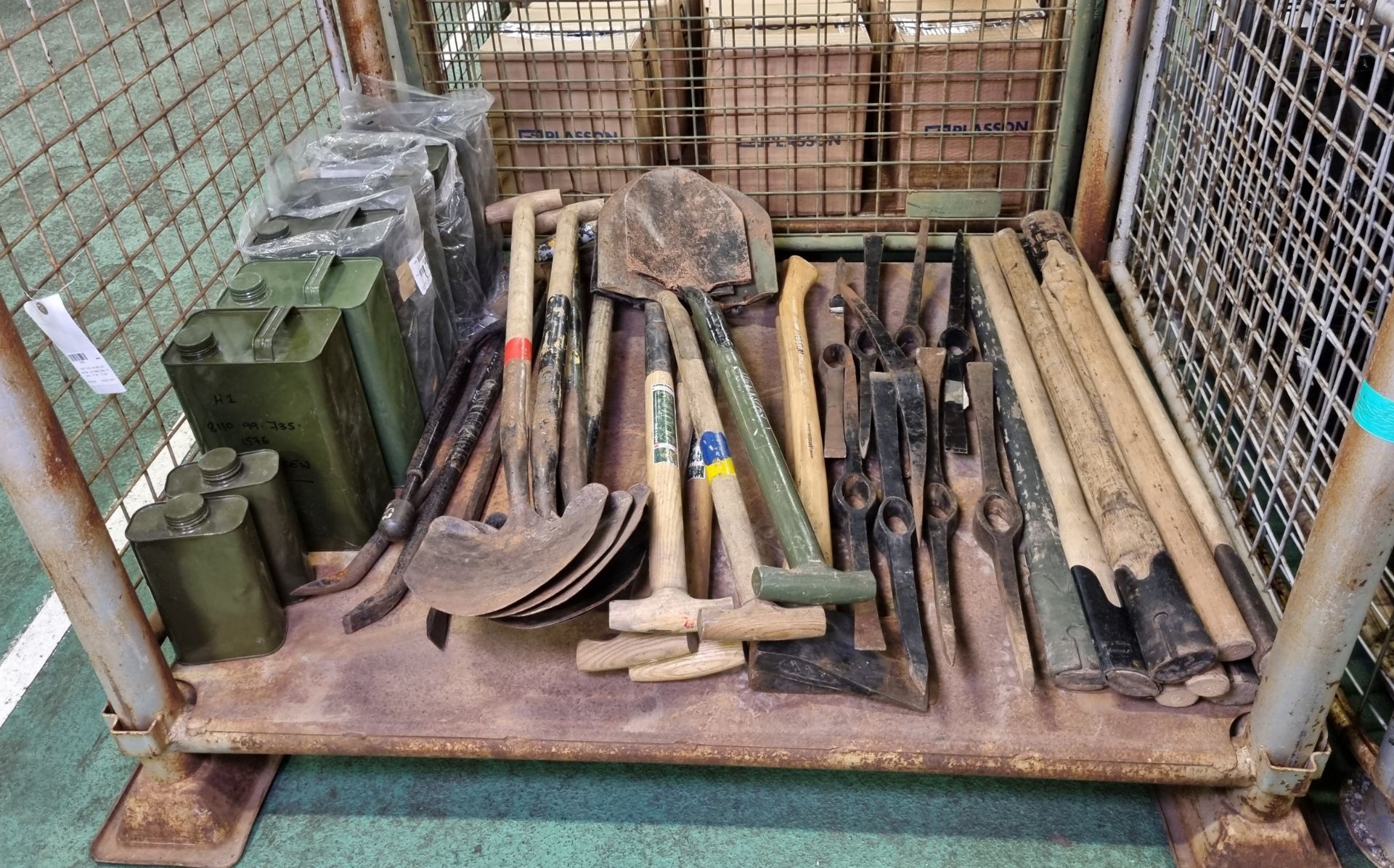 Hand Tools - shovels, pick mantles, pick heads, axes, rip bars, 5 ltr can, 1 ltr can