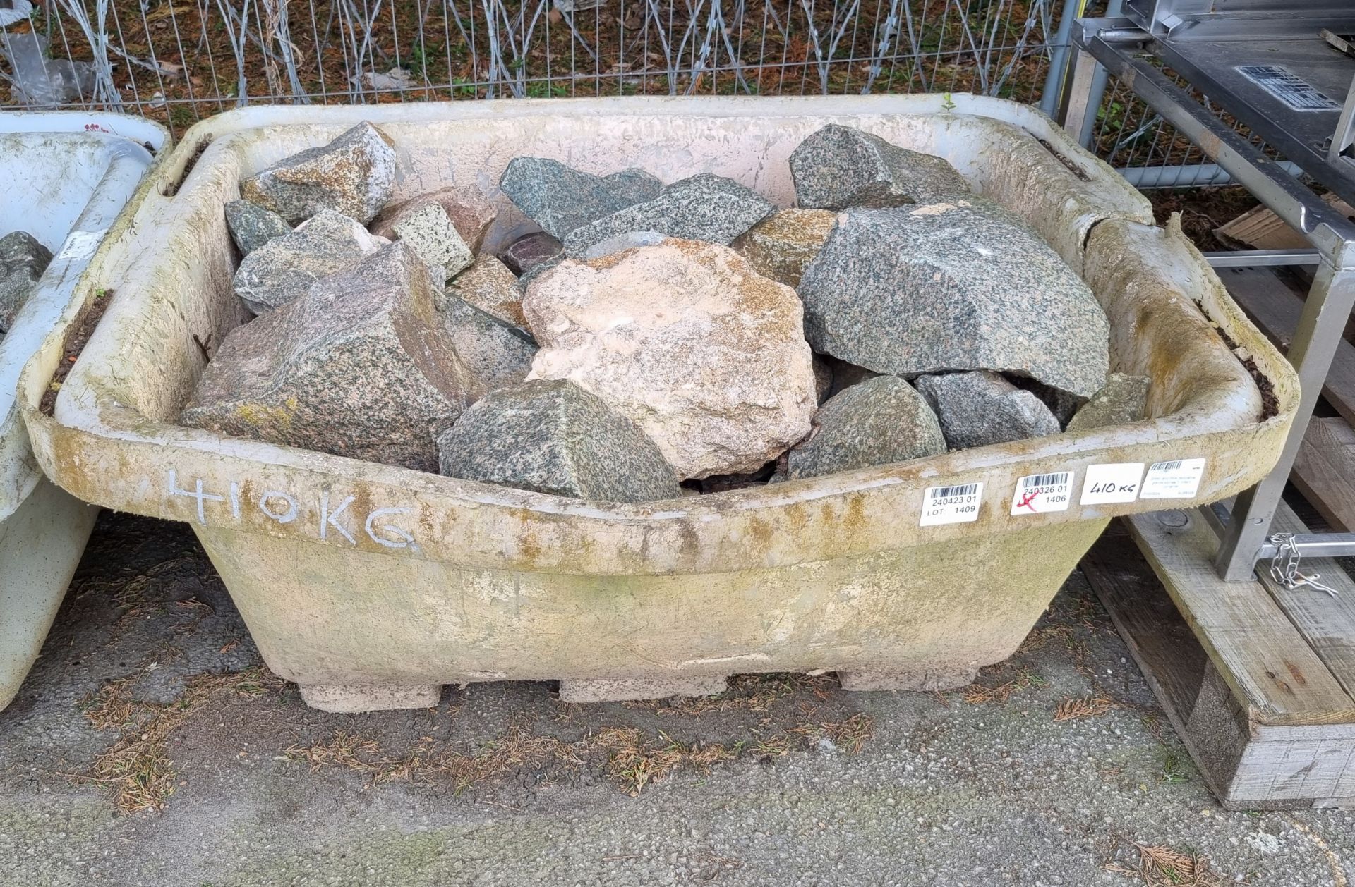 Green and Pink decorative granite stones in plastic container - 410kg