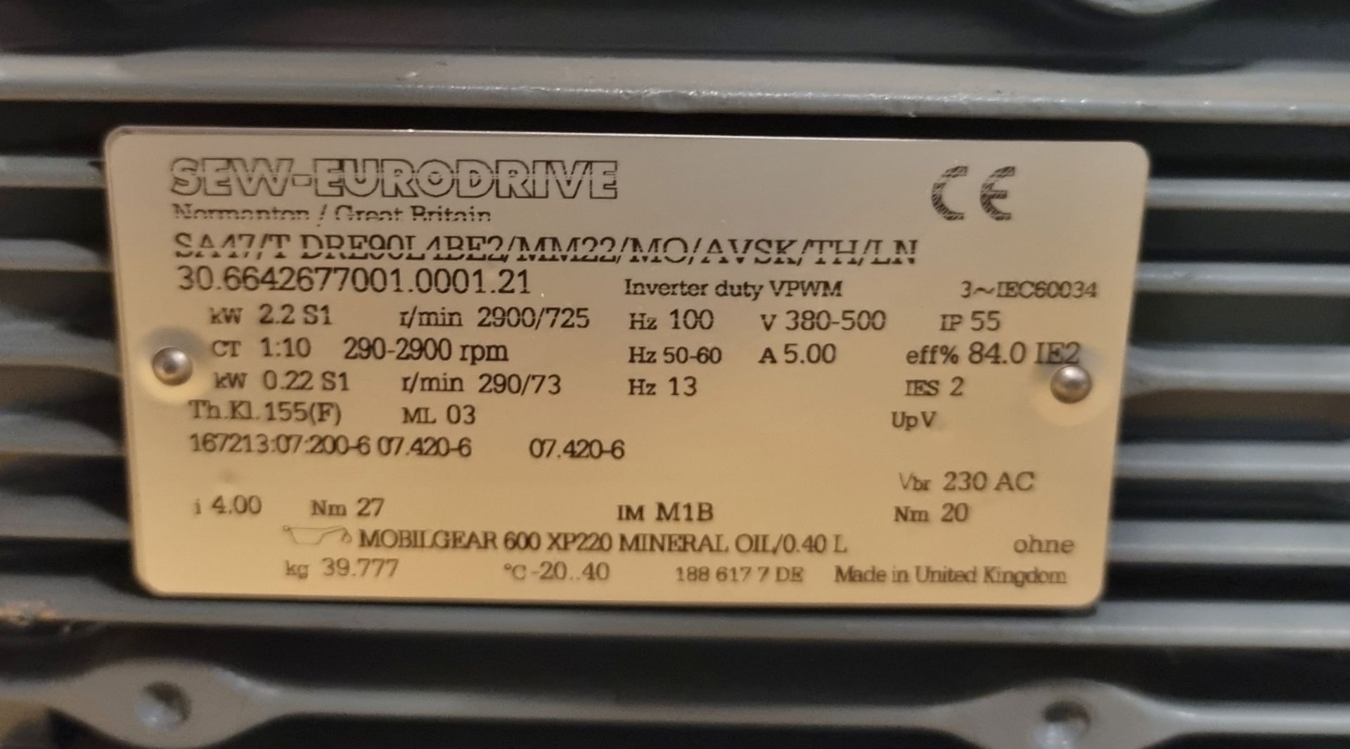3x SEW-Eurodrive SA47/T DRE90L4/BE2/MM22/MO/AVSK/TH gear electric motors - 2900/725rpm - 2.2kW - Image 6 of 8