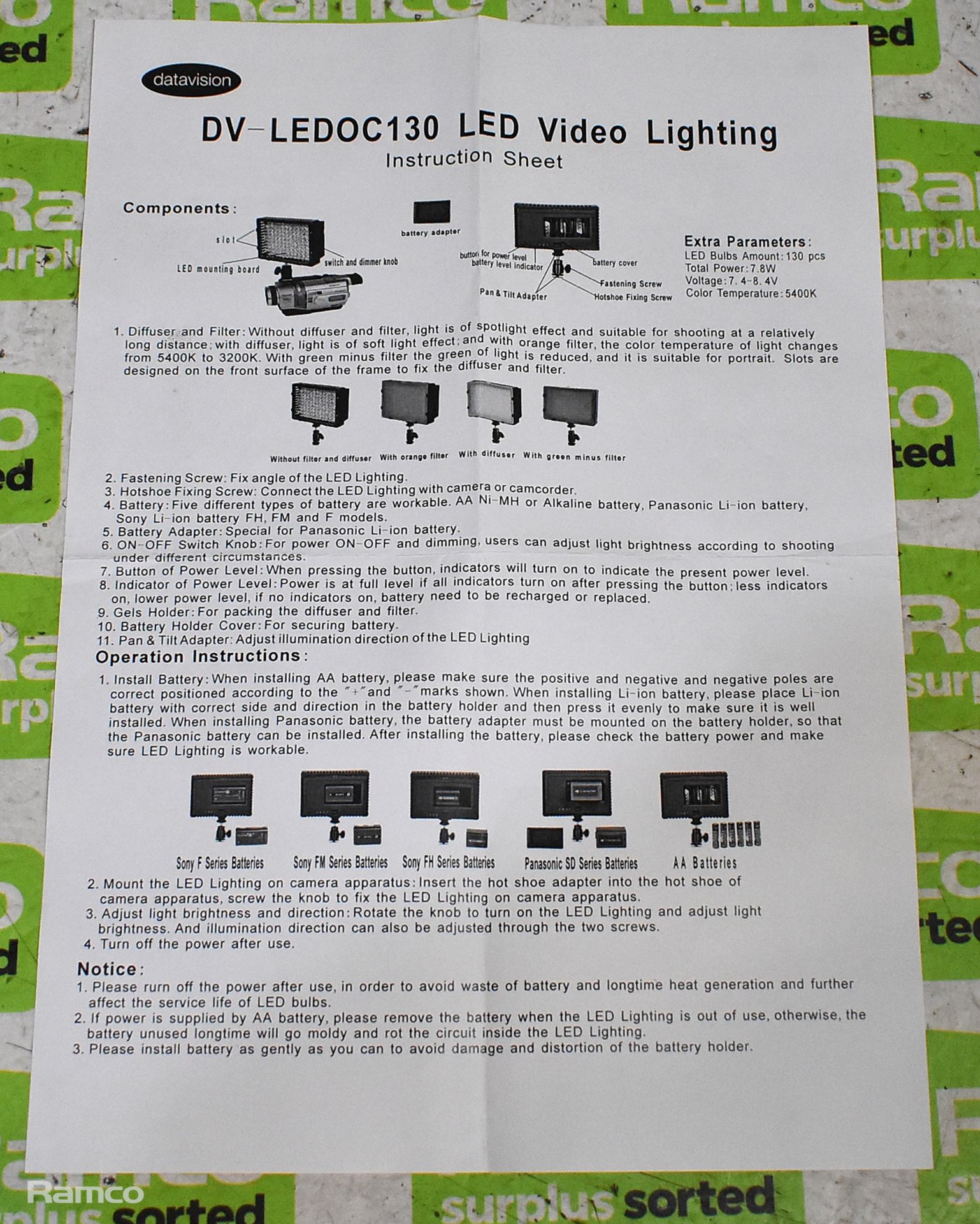 2x Datavision OC-170 on camera LED light with hot shoe adapter, diffuser, battery adapters - Image 4 of 5