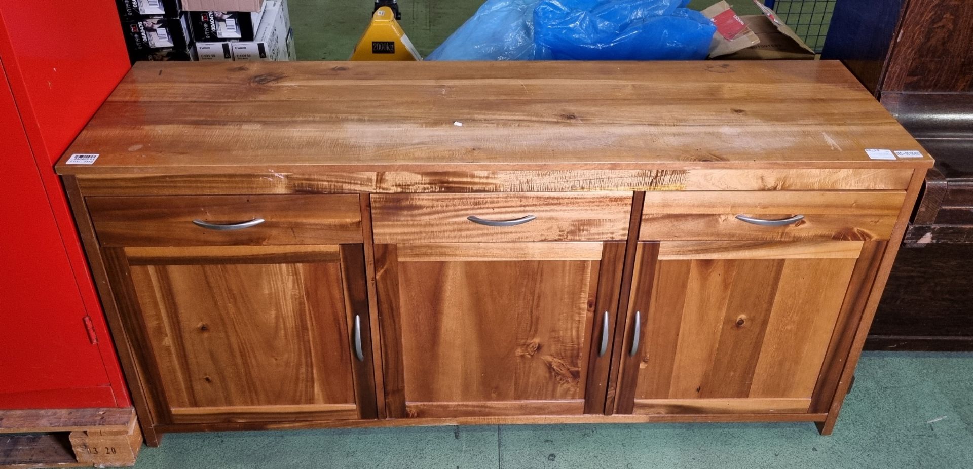 3 door 3 drawer wooden cabinet - W 1750 x D 500 x H 840mm - IN NEED OF REPAIR - Image 2 of 7