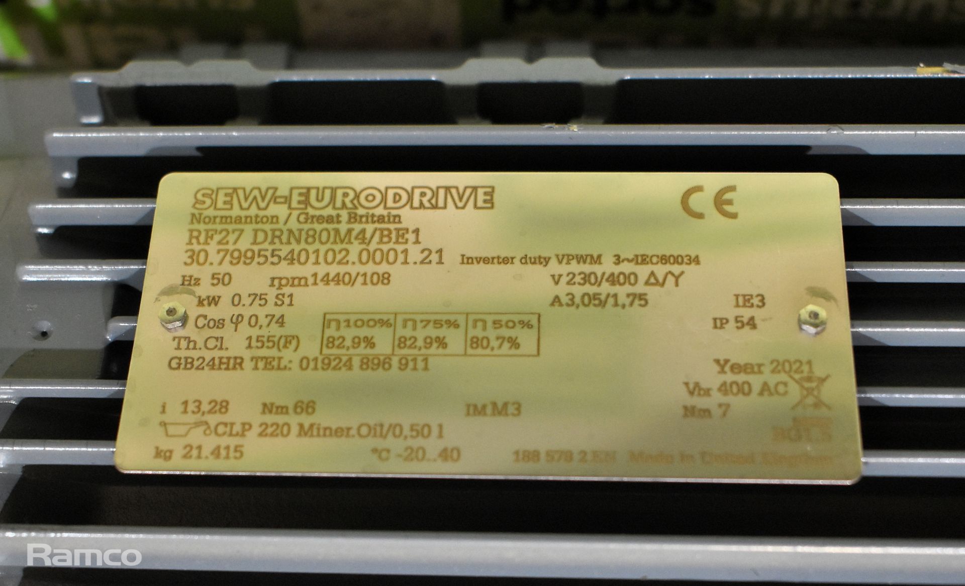 SEW-Eurodrive - RF27 DRN80M4/BE1 - gear electric motor - 1440/108rpm - 0.75kW - 230/400V - 3.5/1.75A - Image 4 of 4