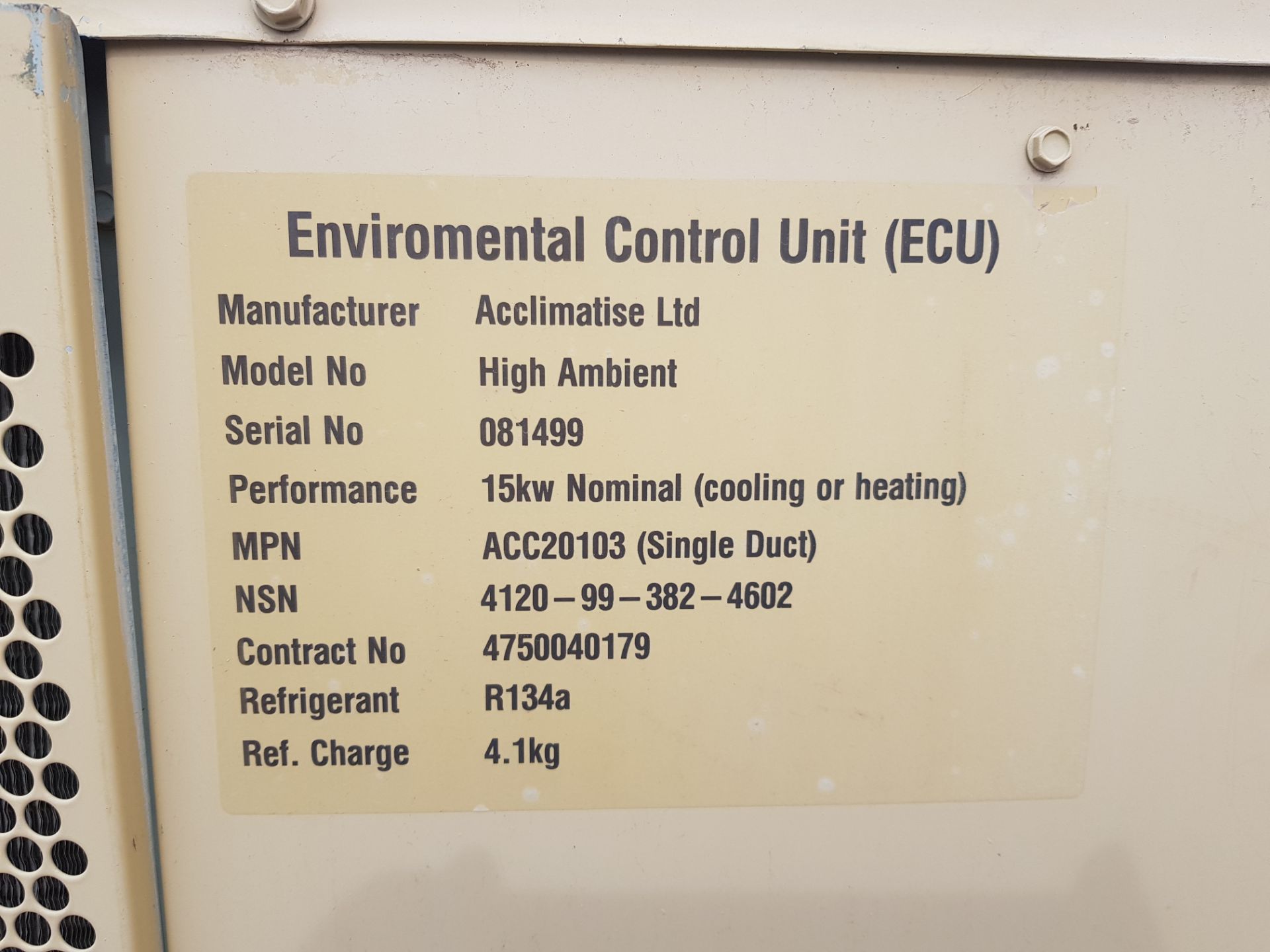 Acclimatise 15kW cooling or heating Environment Control Unit (ECU) - W 1810 x D 1180 x H 1010mm - Image 3 of 3