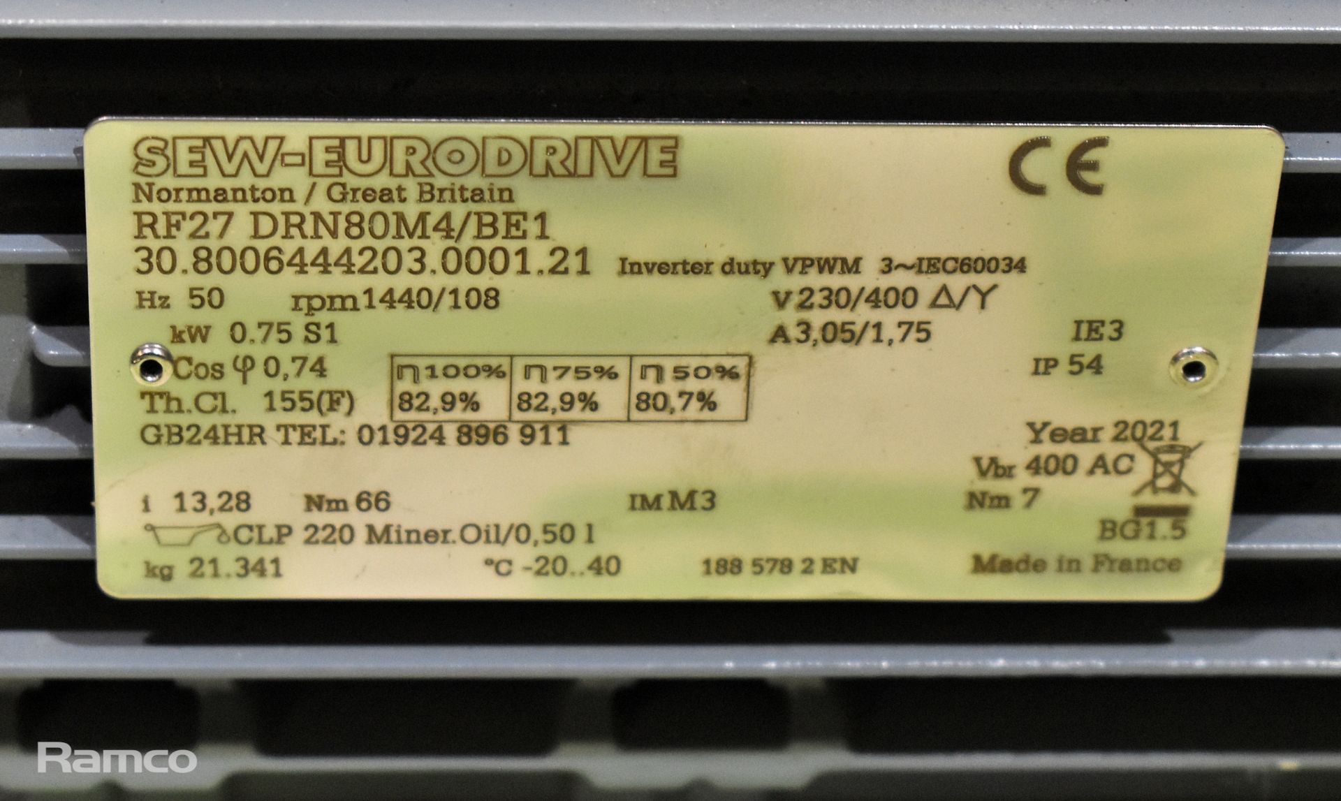 SEW-Eurodrive - RF27 DRN80M4/BE1 - gear electric motor - 1440/108rpm - 0.75kW - 230/400V - 3.5/1.75A - Image 2 of 3