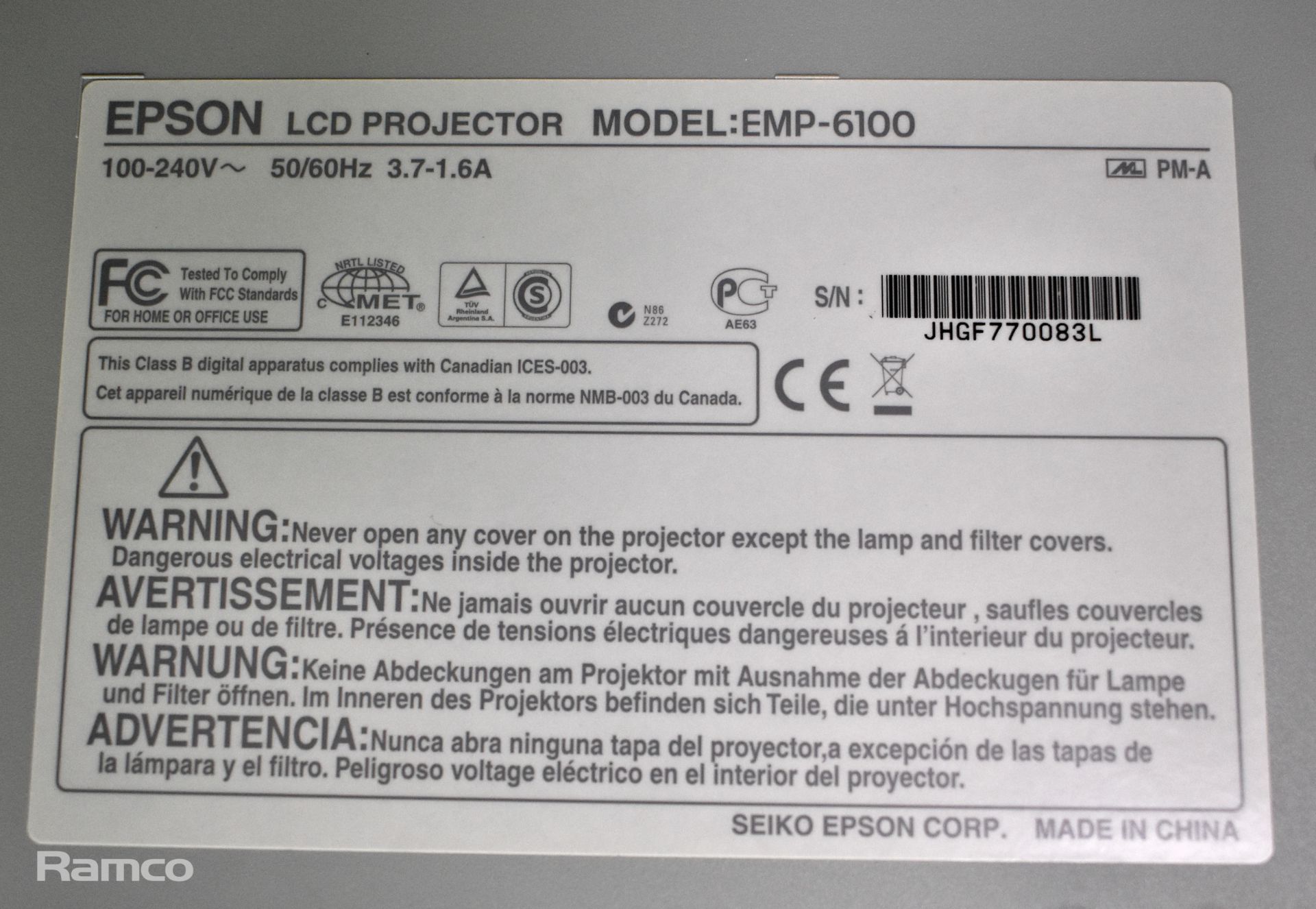 Epson EMP-6100 LCD projector - NO LAMP - Image 5 of 5