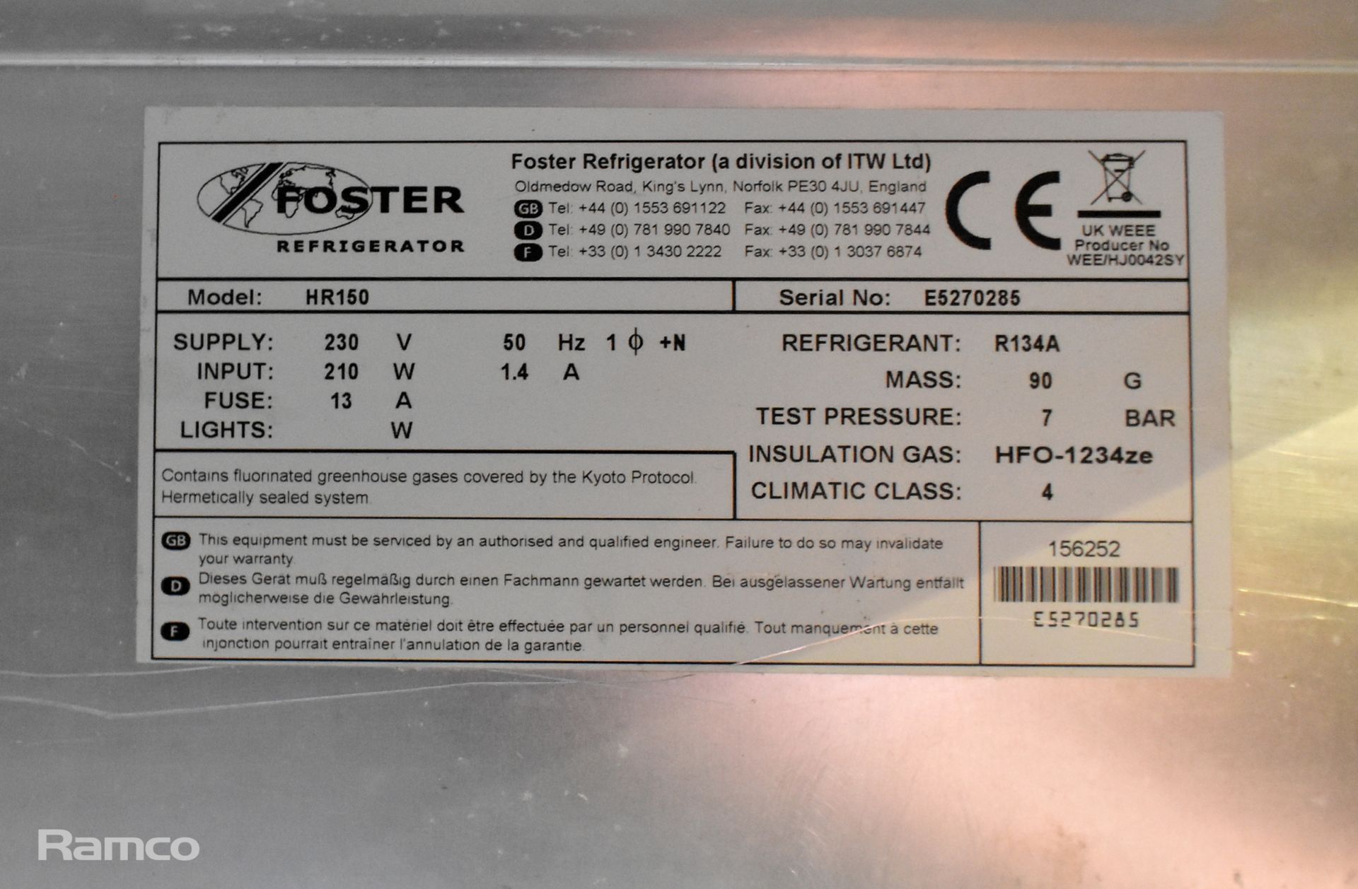 Foster HR150 stainless steel single door under counter fridge - W 605 x D 615 x H 830mm - Image 4 of 5
