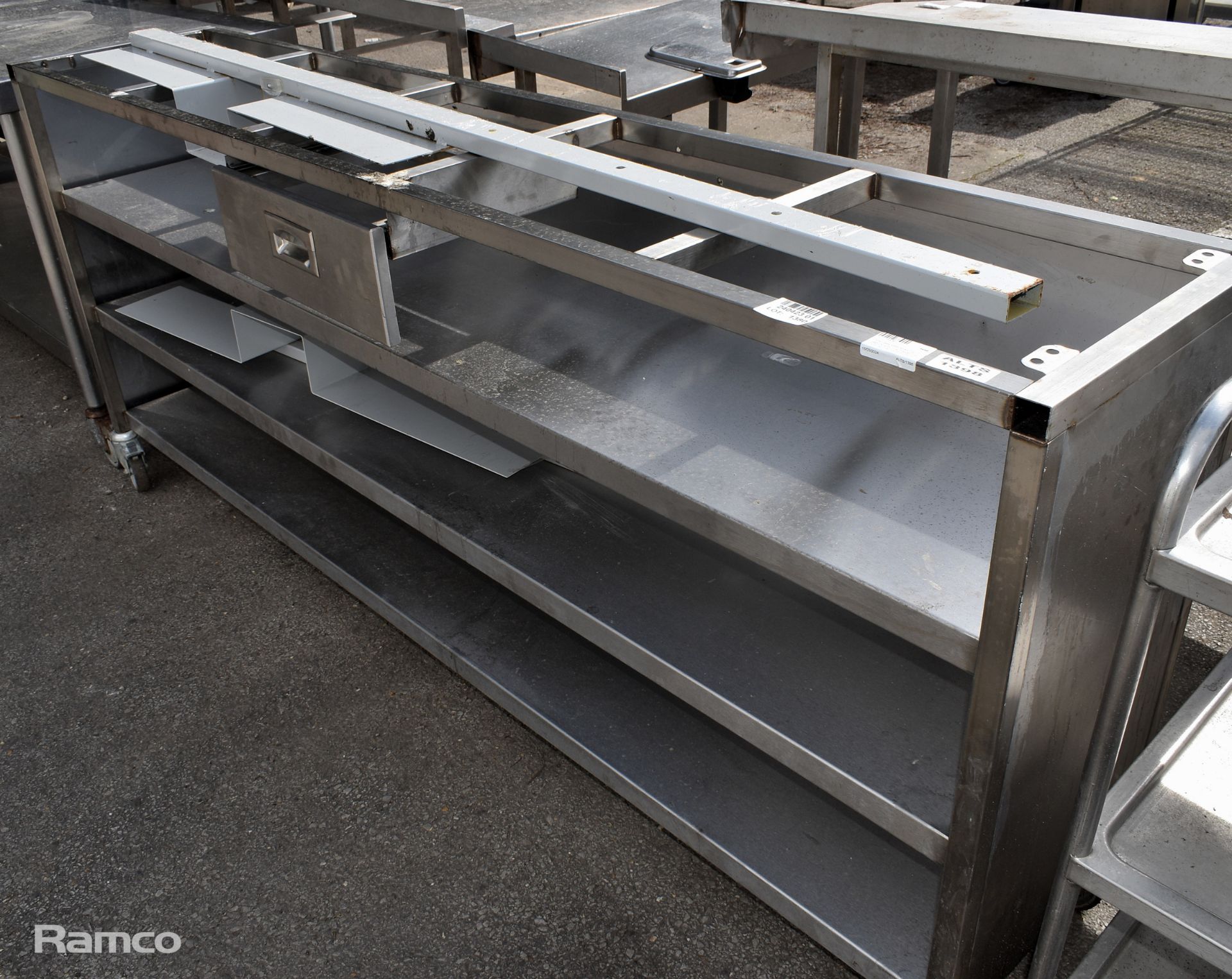 Stainless steel shelving on castors with one drawer - W 2060 x D 420 x H 900mm - NO TOP - Image 2 of 3