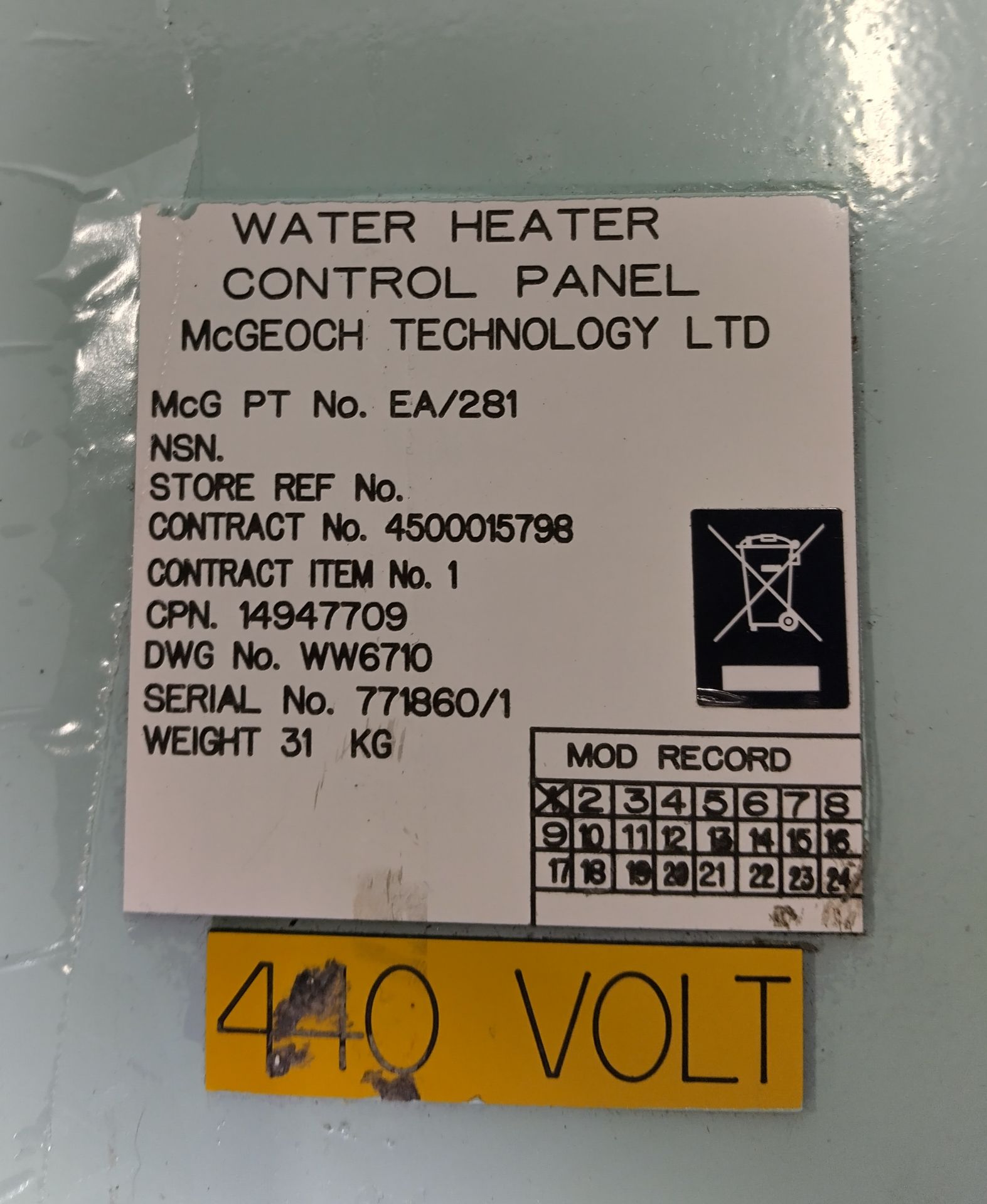 McGeoch Technology EA/281 - Water heater control panel - 440V - Image 3 of 3