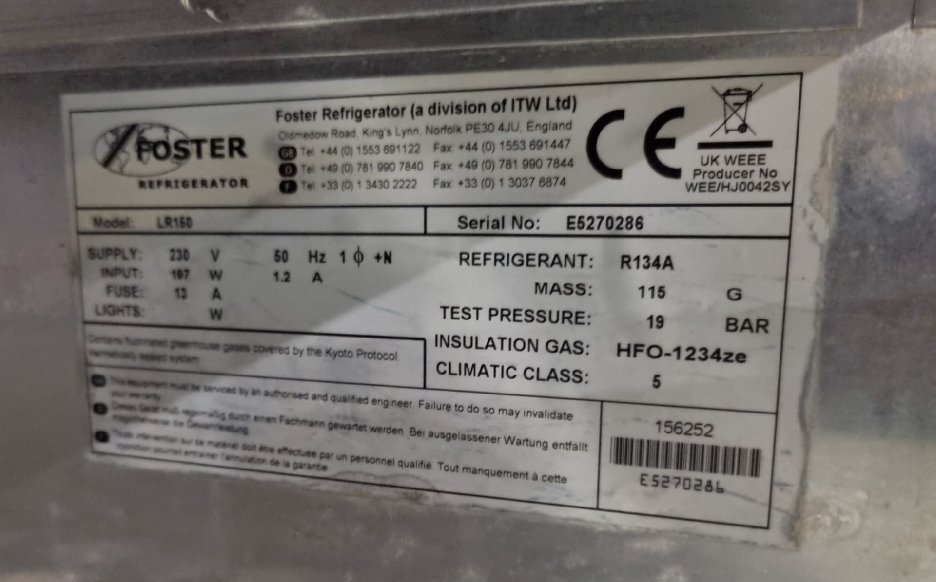 Foster LR150 stainless steel single door under counter freezer - W 605 x D 615 x H 830mm - Image 4 of 4