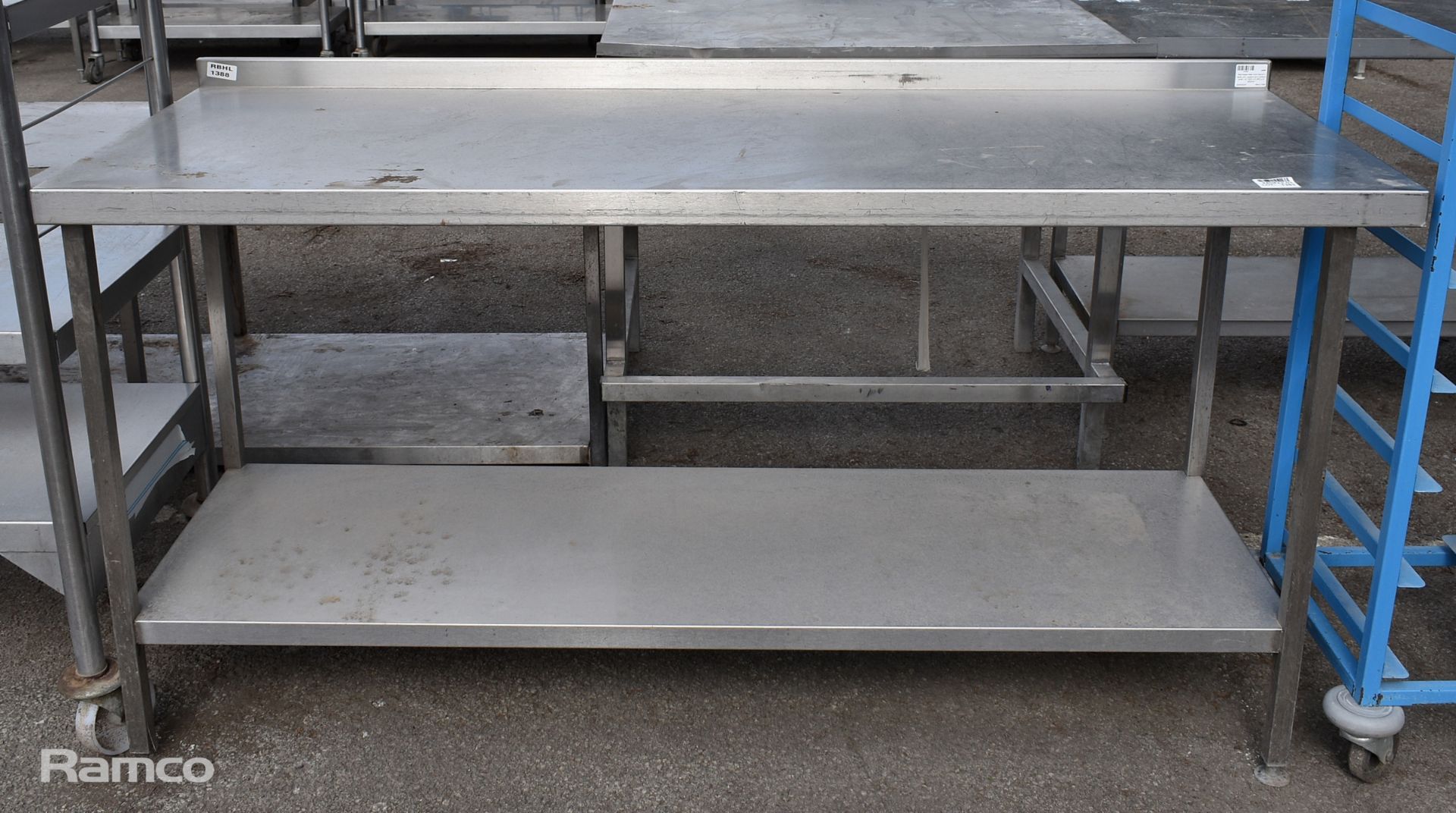 Stainless steel work bench / table with upstand and bottom shelf - W 1800 x D 650 x H 950mm