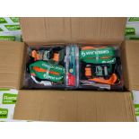 2x 16 piece stubby spanner sets, 6x twin pack 4.5m ratchet tie downs, 4x Green Jem ratchet straps