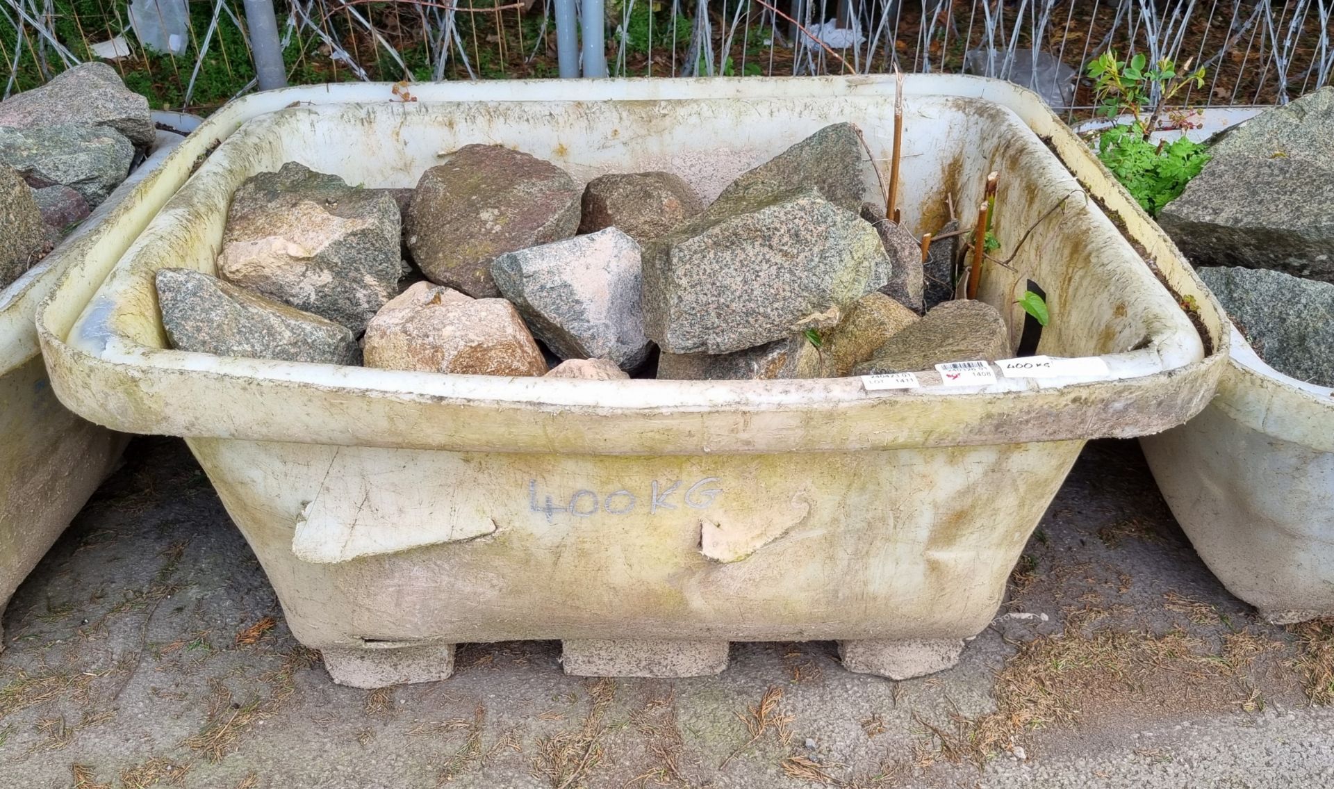 Green and Pink decorative granite stones in plastic container - 400kg