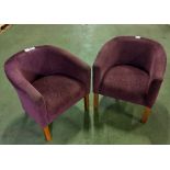 2x Purple upholstered arm chairs - worn in places - W 68 x D 68 x H 70cm Seat height 44cm