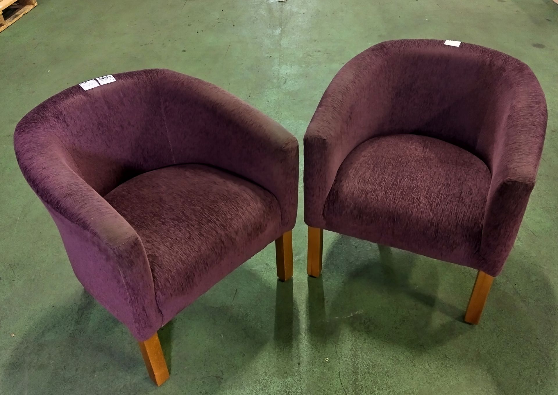 2x Purple upholstered arm chairs - worn in places - W 68 x D 68 x H 70cm Seat height 44cm