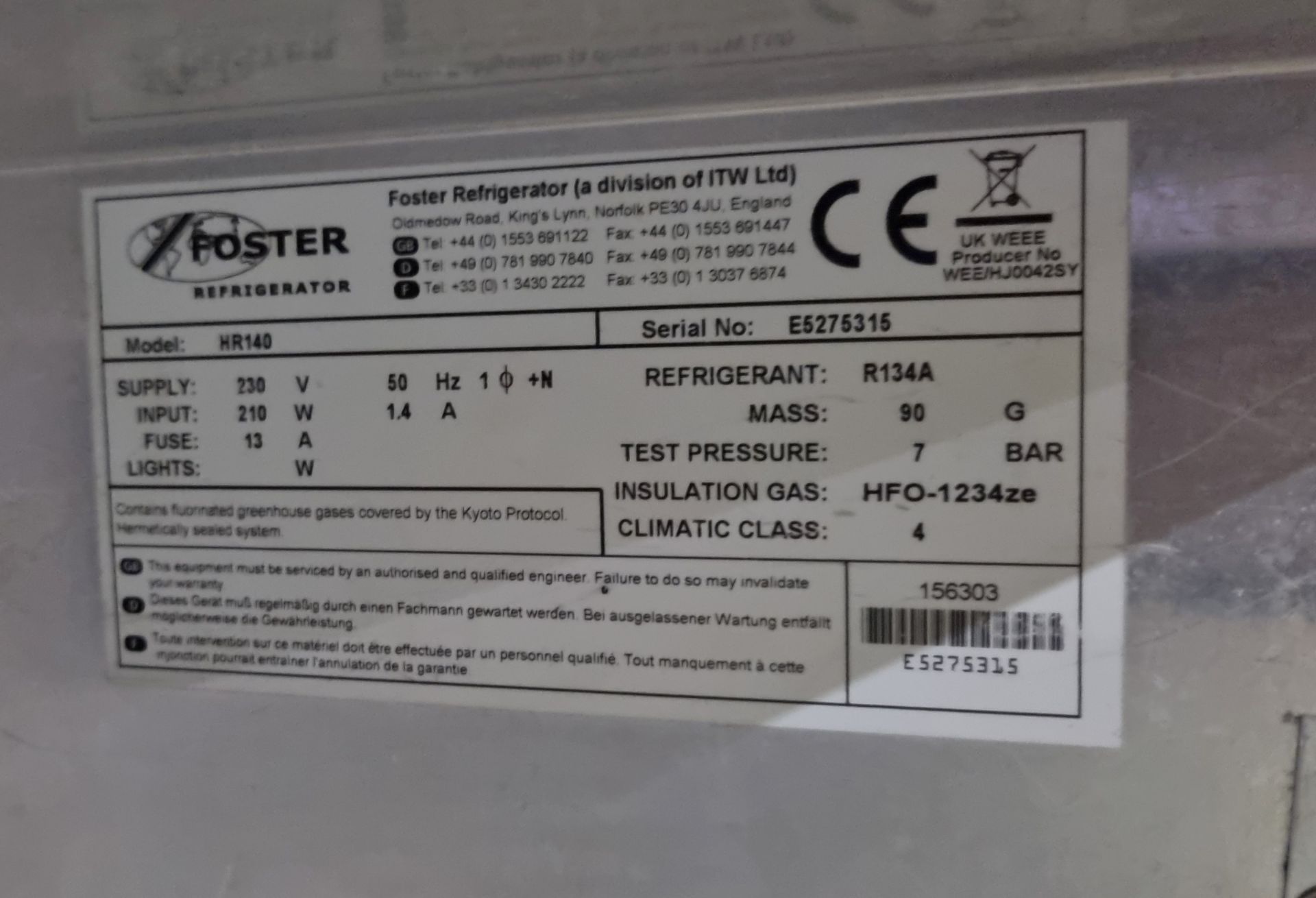 Foster HR140 stainless steel single door under counter fridge - W 605 x D 615 x H 830mm - Image 4 of 6