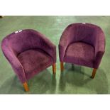 2x Purple upholstered arm chairs - worn in places - W 68 x D 68 x H 70cm Seat height 44cm