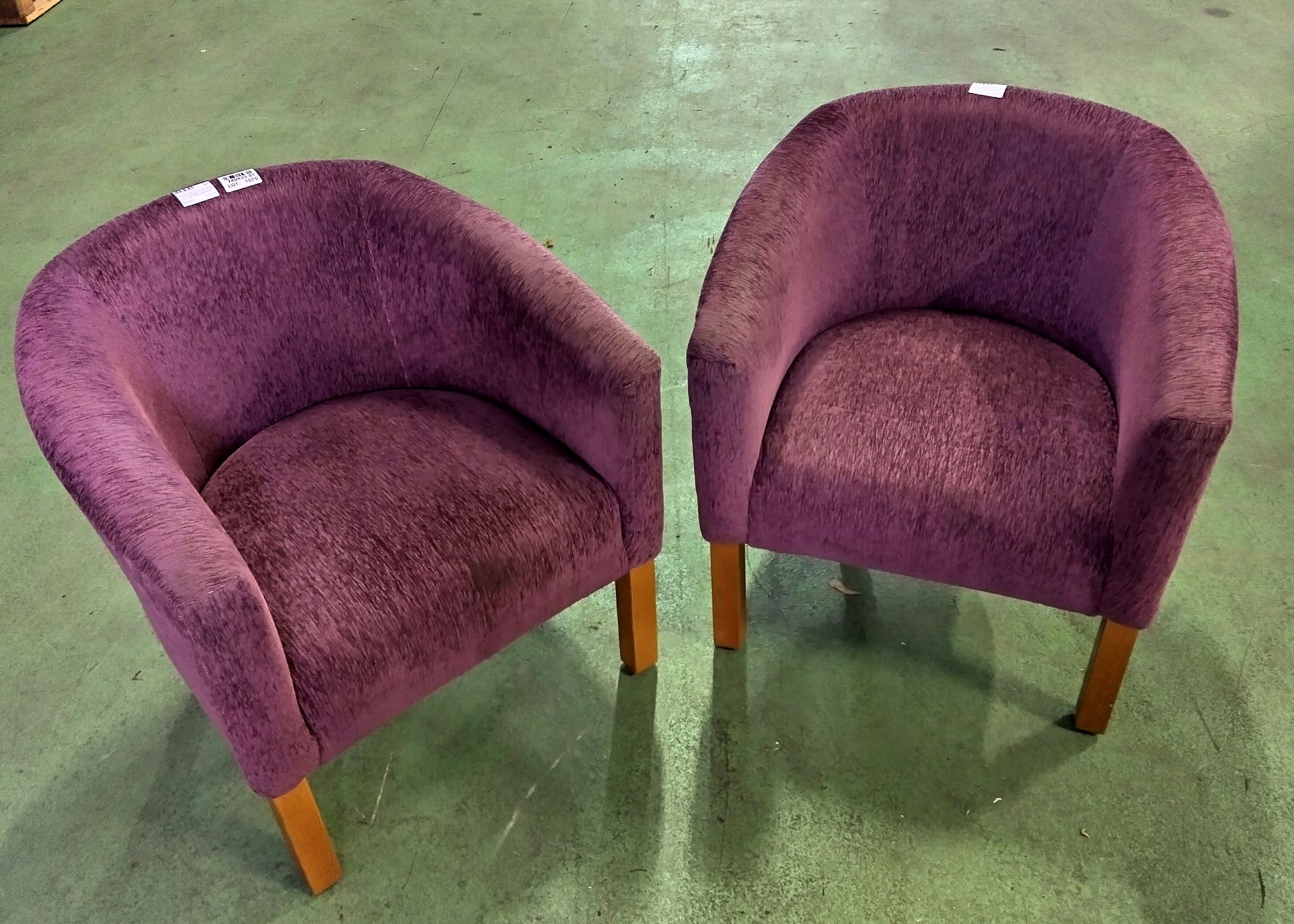 2x Purple upholstered arm chairs - worn in places - W 68 x D 68 x H 70cm Seat height 44cm