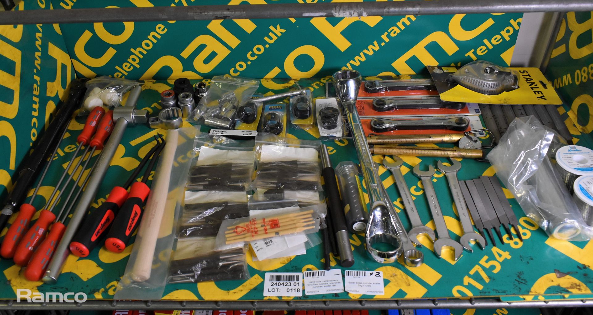 Hand tools - screwdrivers, hand files, sockets, wrenches, punches, solder reel & more