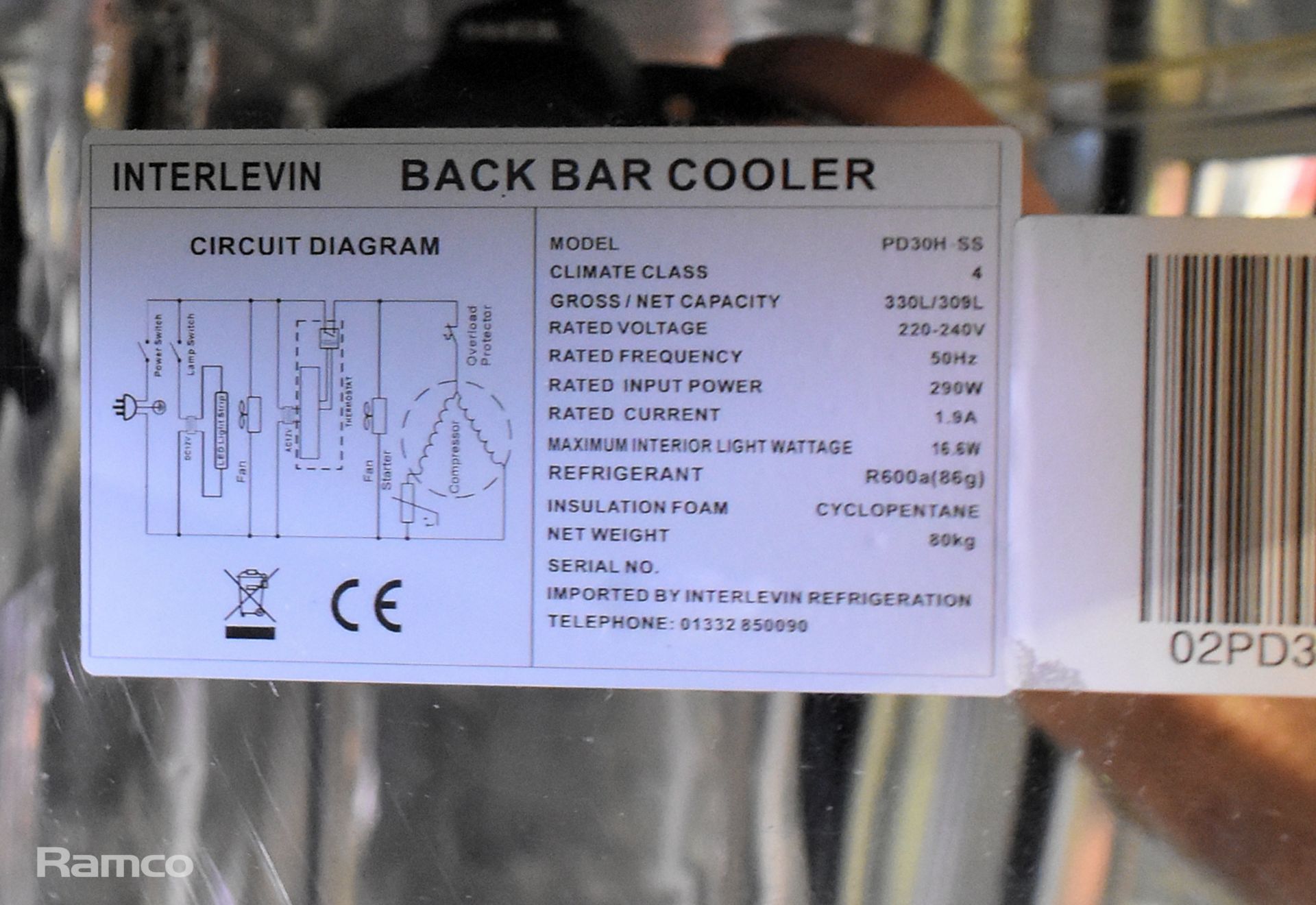 Interlevin PD30H-SS stainless steel triple door bar back bottle cooler - W 1350 x D 500 x H 900mm - Image 5 of 6
