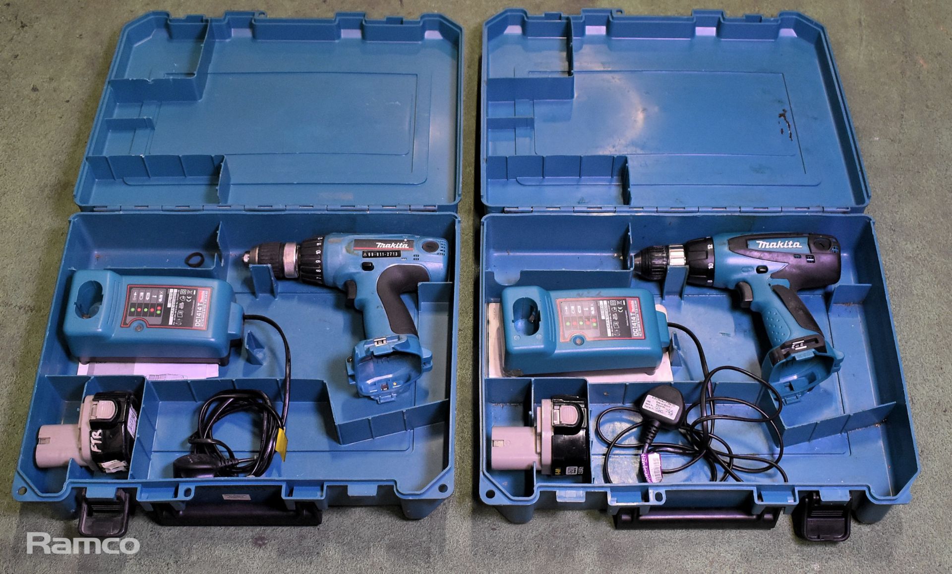 2x Makita 6317D cordless drills - DC1414T charger - 1x 12V battery - case