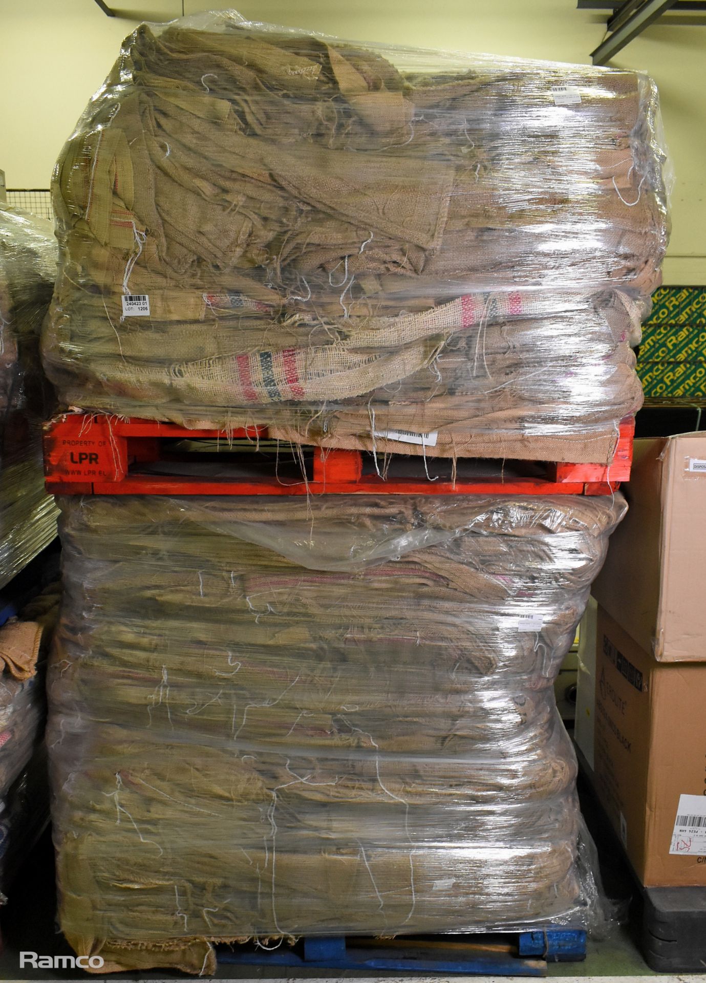 2x pallets of Hessian sacks - L 700 x W 2 x H 1000mm - cut open on side