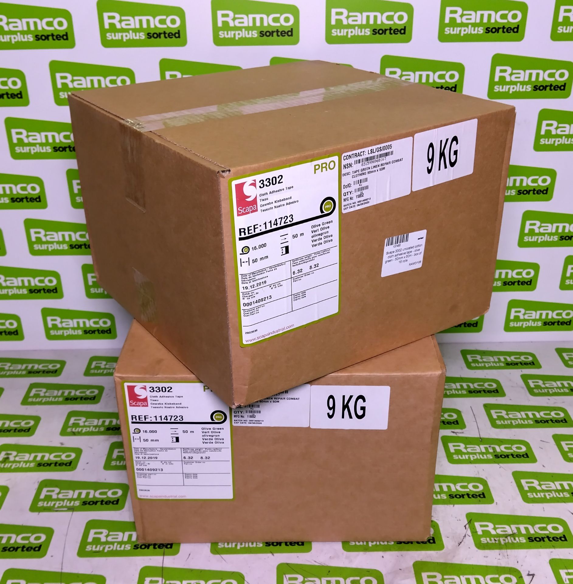 2x boxes of Scapa 3302 uncoated cotton cloth adhesive tape - olive green - 50mm x 50m - 16 per box - Image 3 of 3