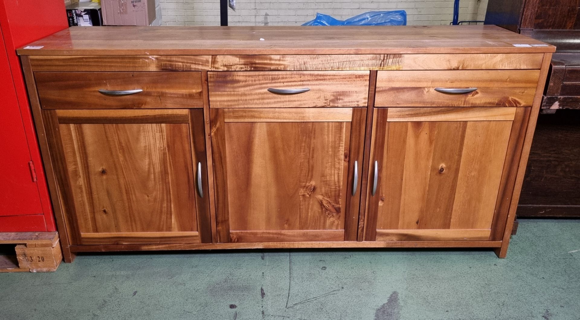 3 door 3 drawer wooden cabinet - W 1750 x D 500 x H 840mm - IN NEED OF REPAIR