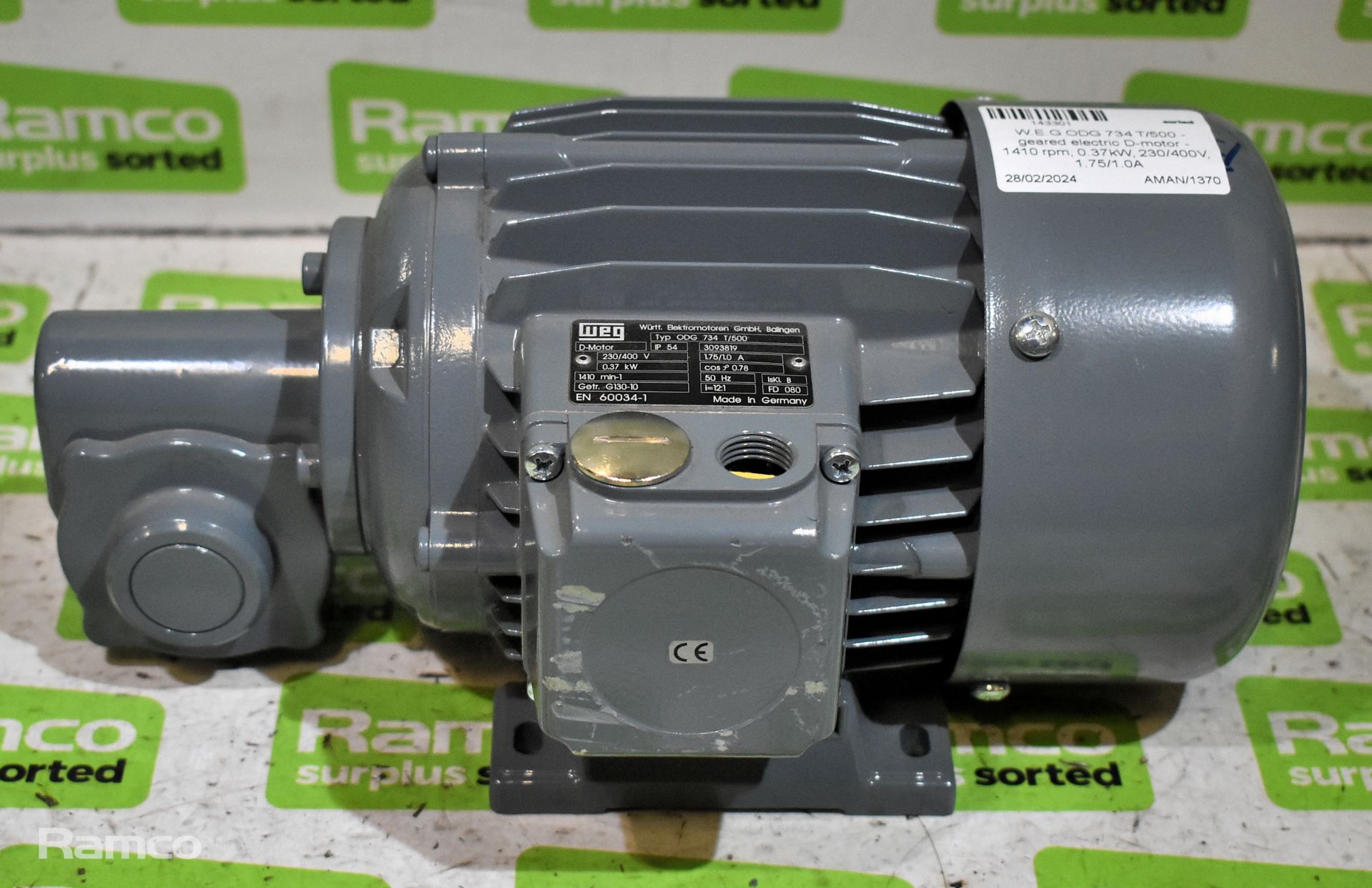 2x W.E.G ODG 734 T/500 - geared electric D-motors - 1410 rpm - 0.37kW - 230/400V - 1.75/1.0A - Image 2 of 5