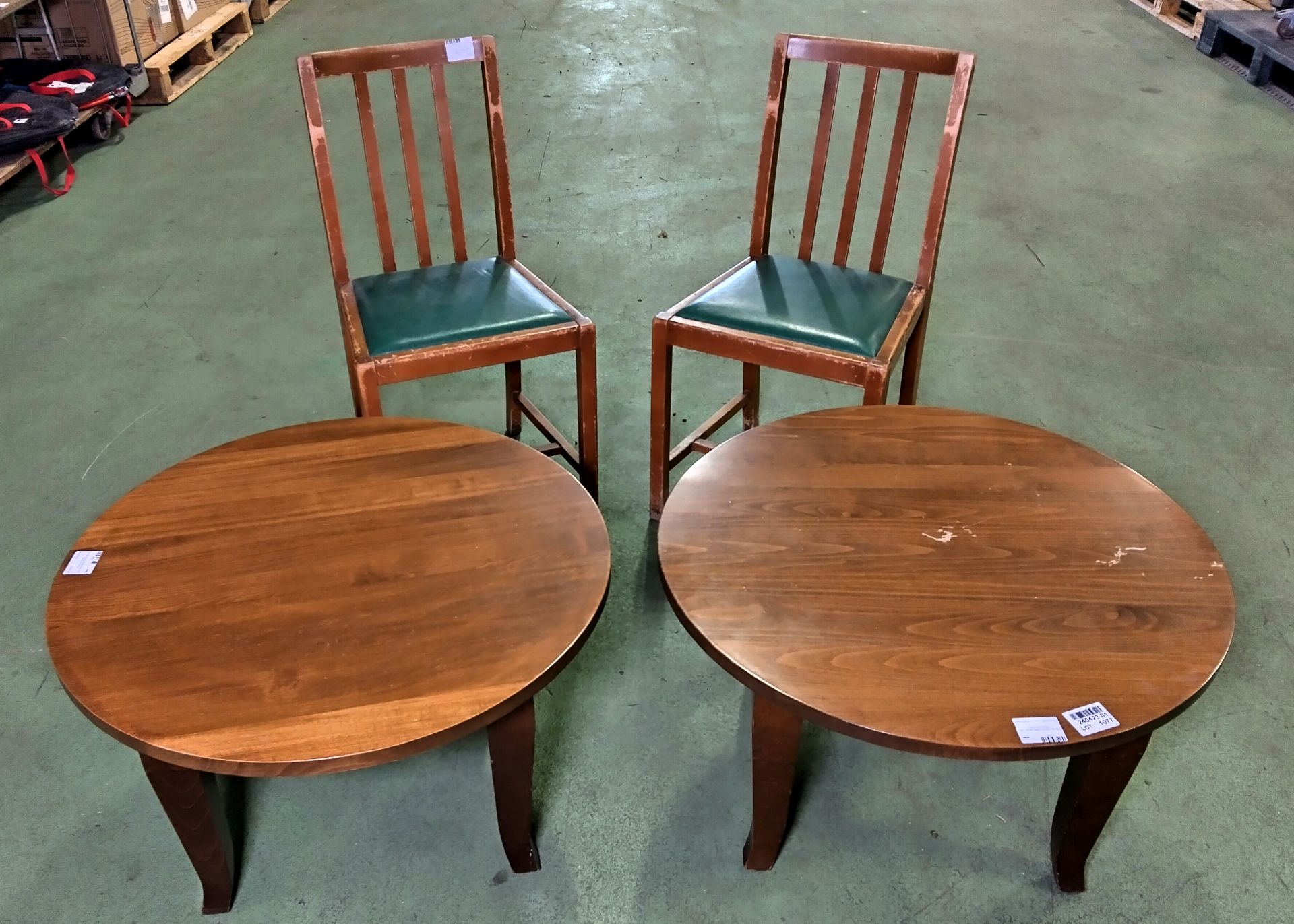2x Small round coffee tables - W 75cm x H 43cm, 2x Wooden dining chairs - W 45 x D 39 x H 86cm