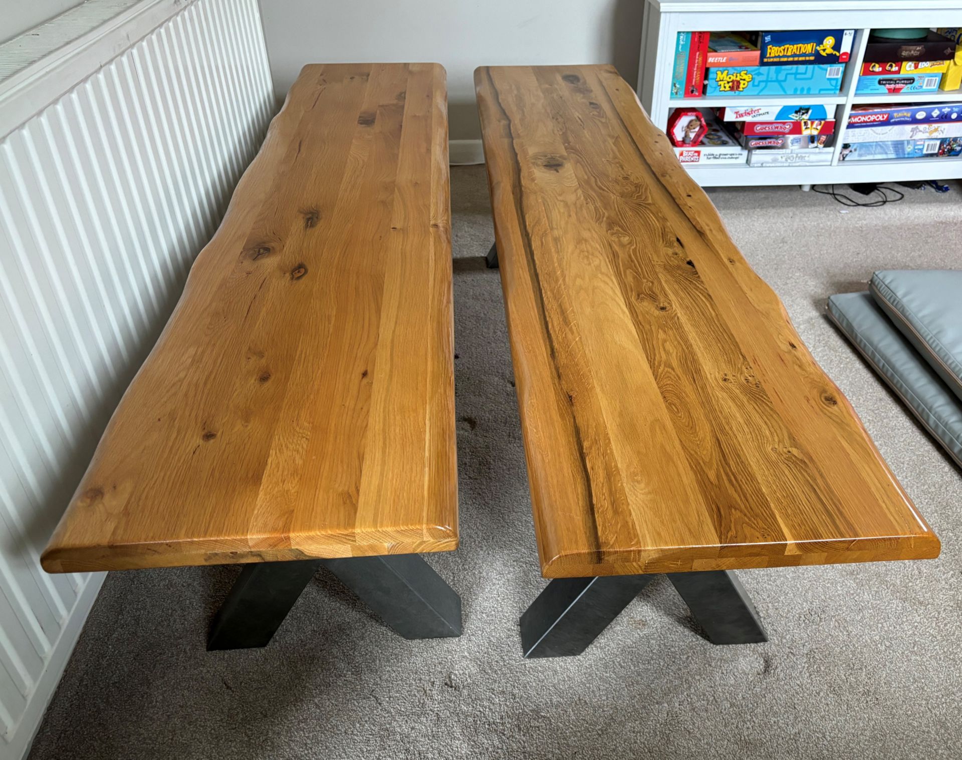 2x Real solid oak dining benches – industrial style with metal legs and 2x bespoke made cushions - Image 2 of 11