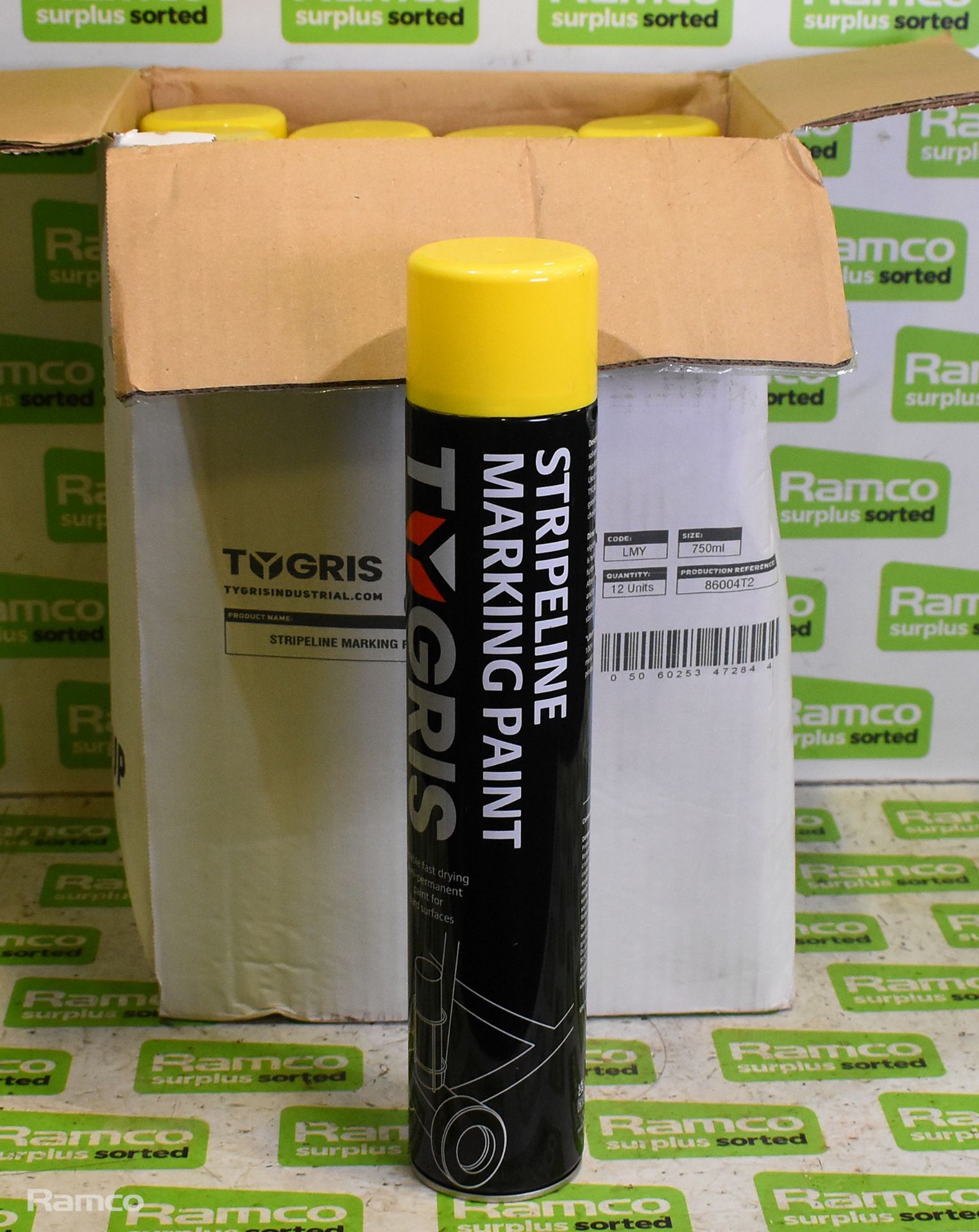 12x cans of Tygris stripe line marking paint - yellow 750ml