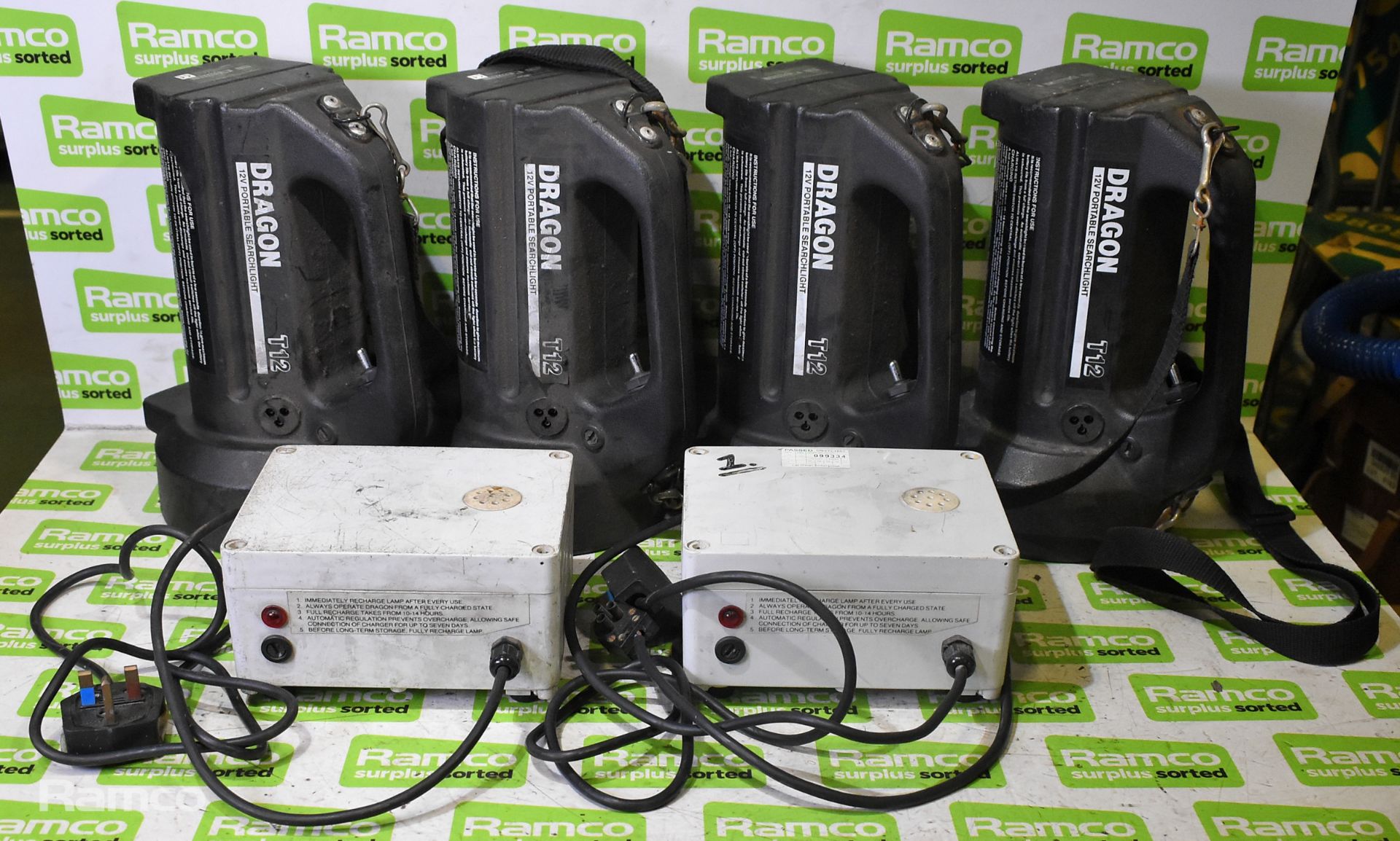 4x Dragon T12 50W portable searchlights, 2x Dragon T12 mains battery chargers