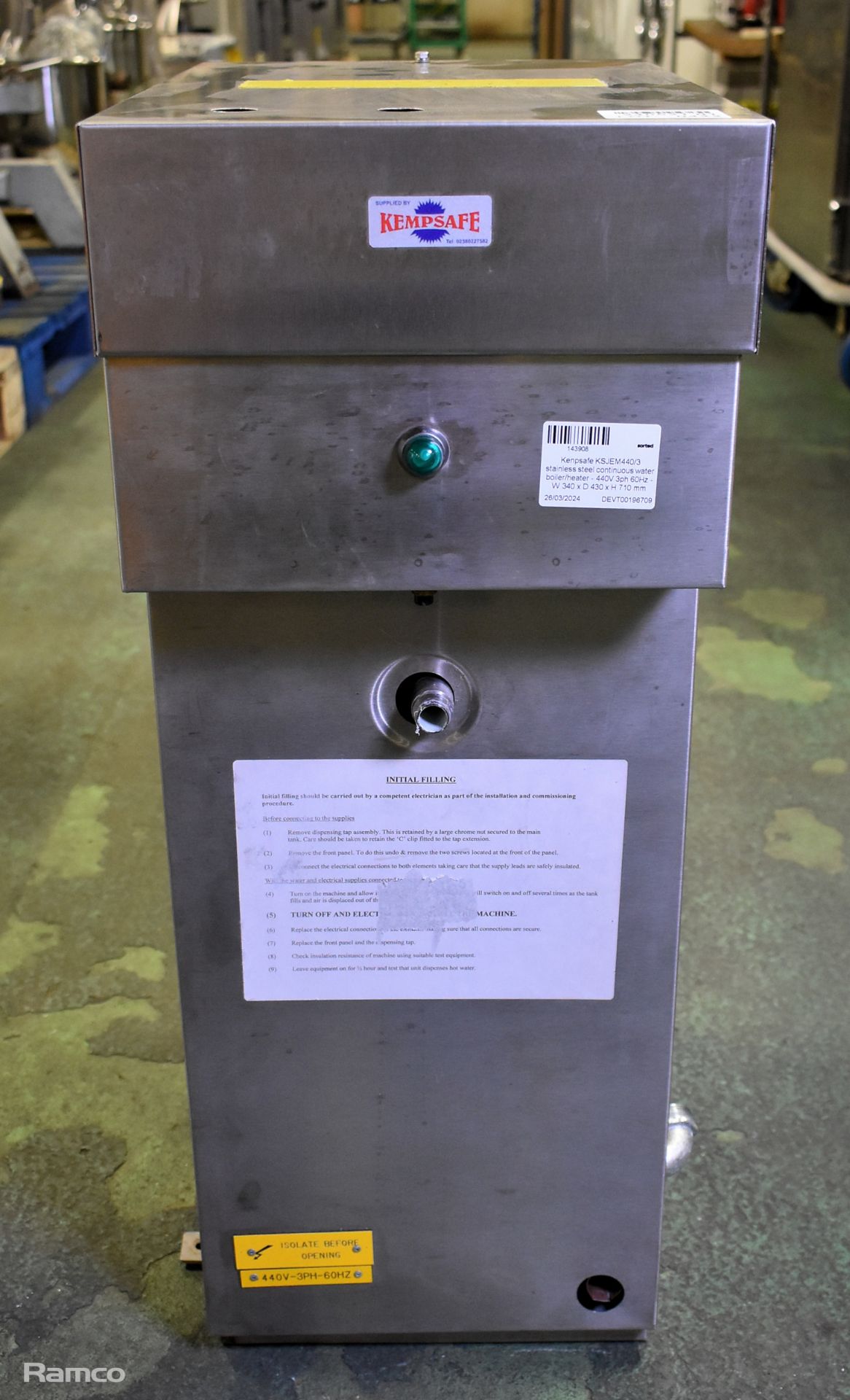 Kempsafe KSJEM440/3 stainless steel continuous water boiler/heater - Missing tap - 440V - 3ph - 60Hz - Image 2 of 3