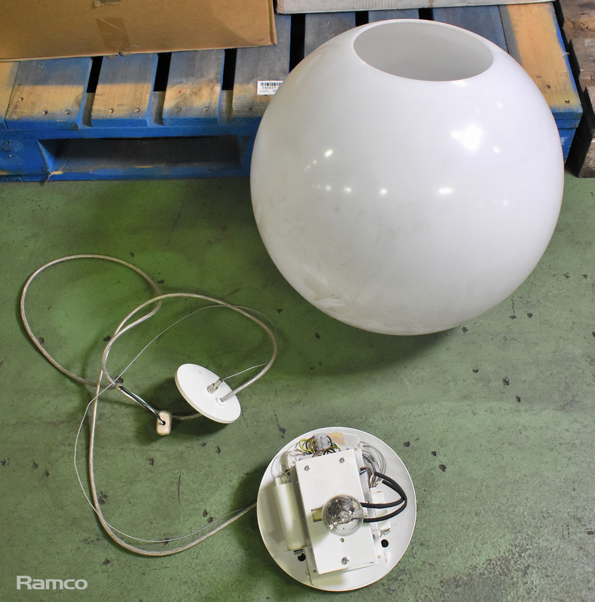 3x 6-arm white globe chandeliers, 150W large white globe chandelier, 2x 5-arm white globe chandelier - Image 3 of 11