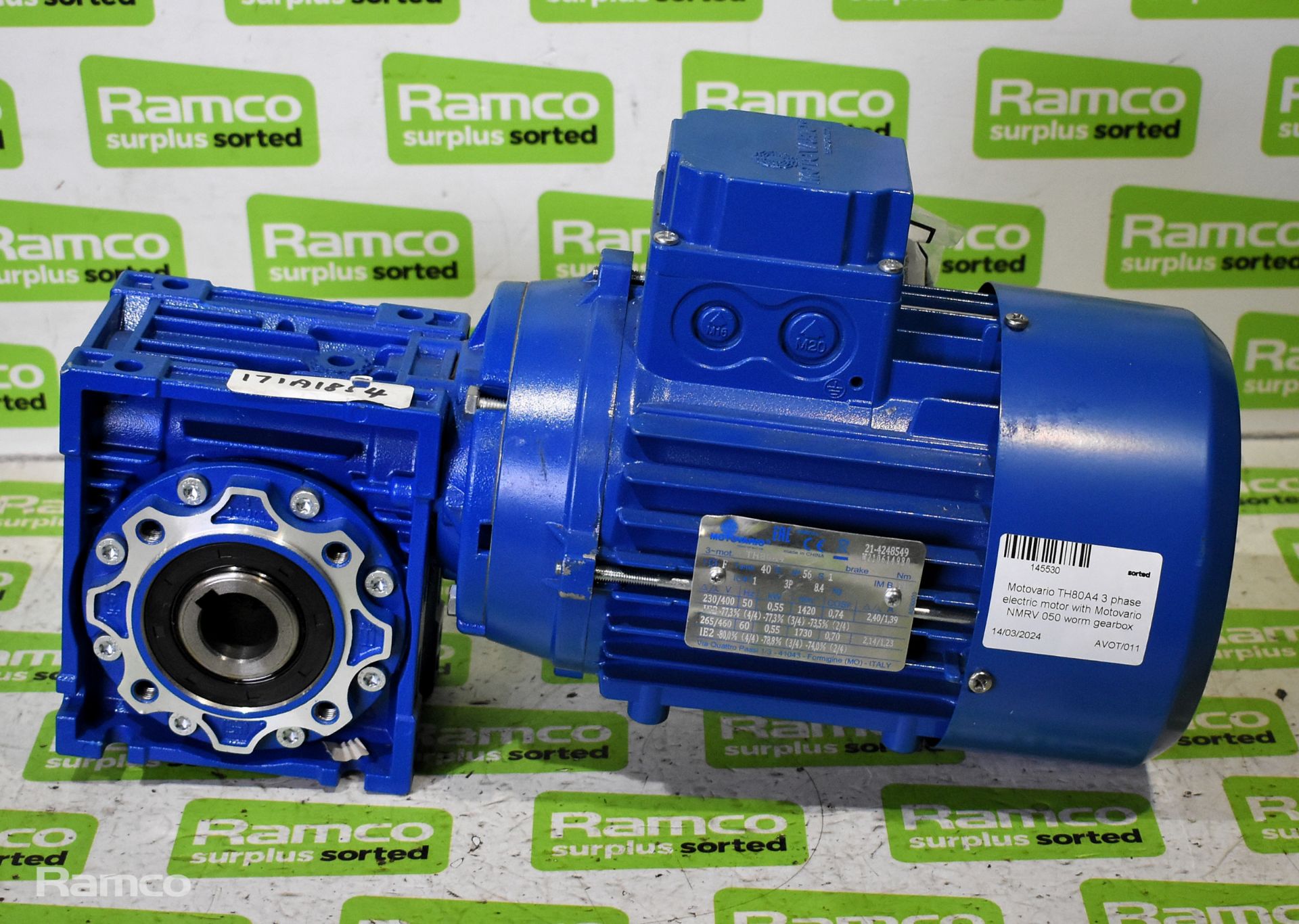 Motovario TH80A4 3 phase electric motor with Motovario NMRV 050 worm gearbox