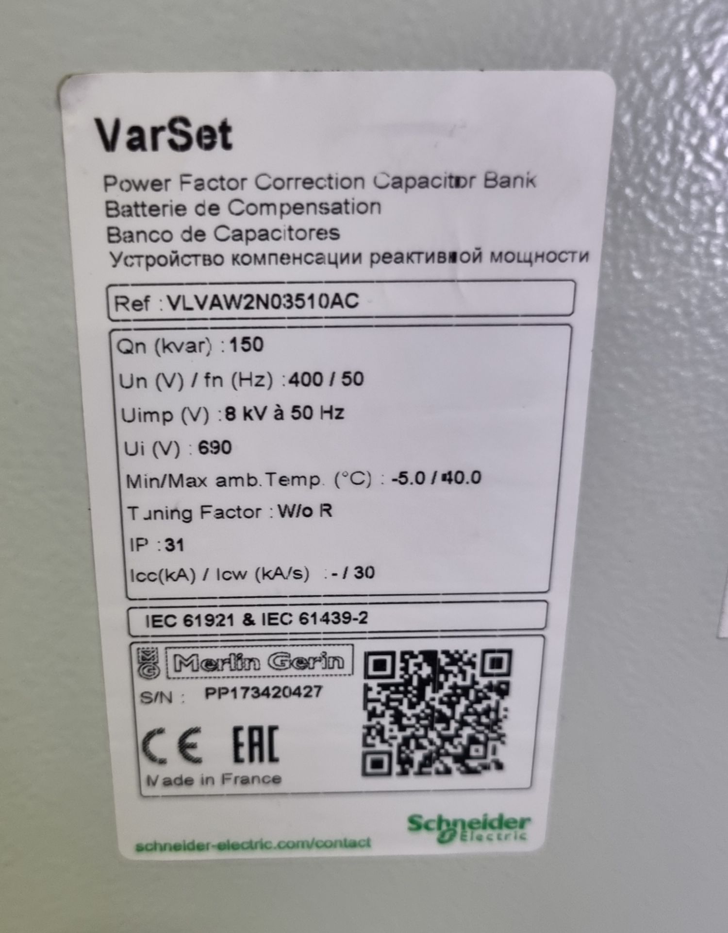 Schneider Electric VarSet VLVAW2N03510AC power factor correction capacitor bank - 400V - unissued - Image 4 of 9