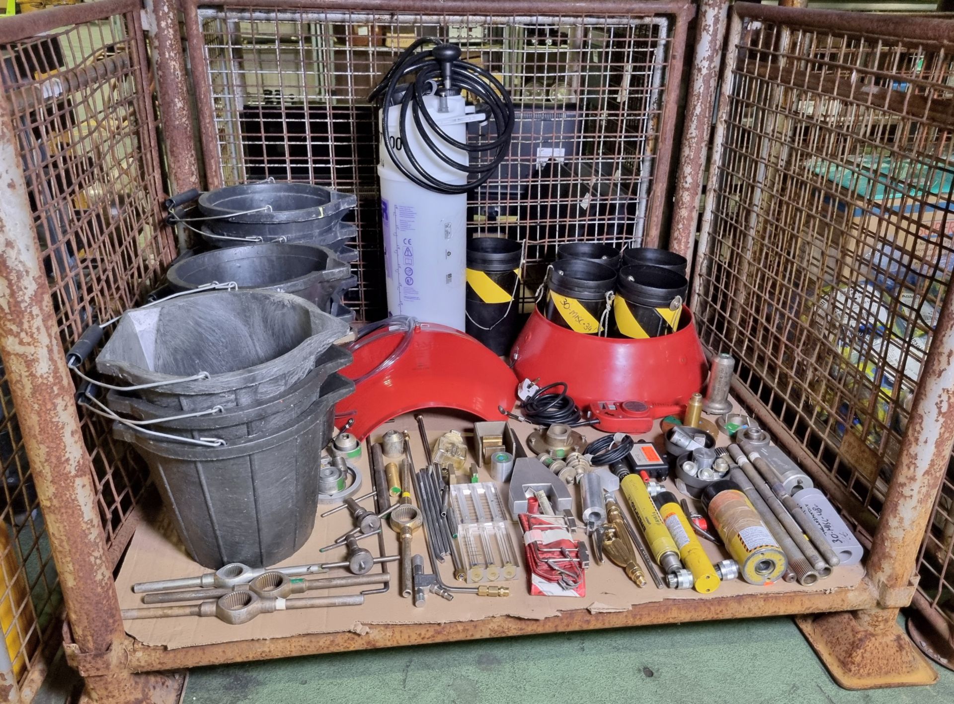 Workshop tools and equipment - alignment tools, utility buckets, pressure tank, engraver kit