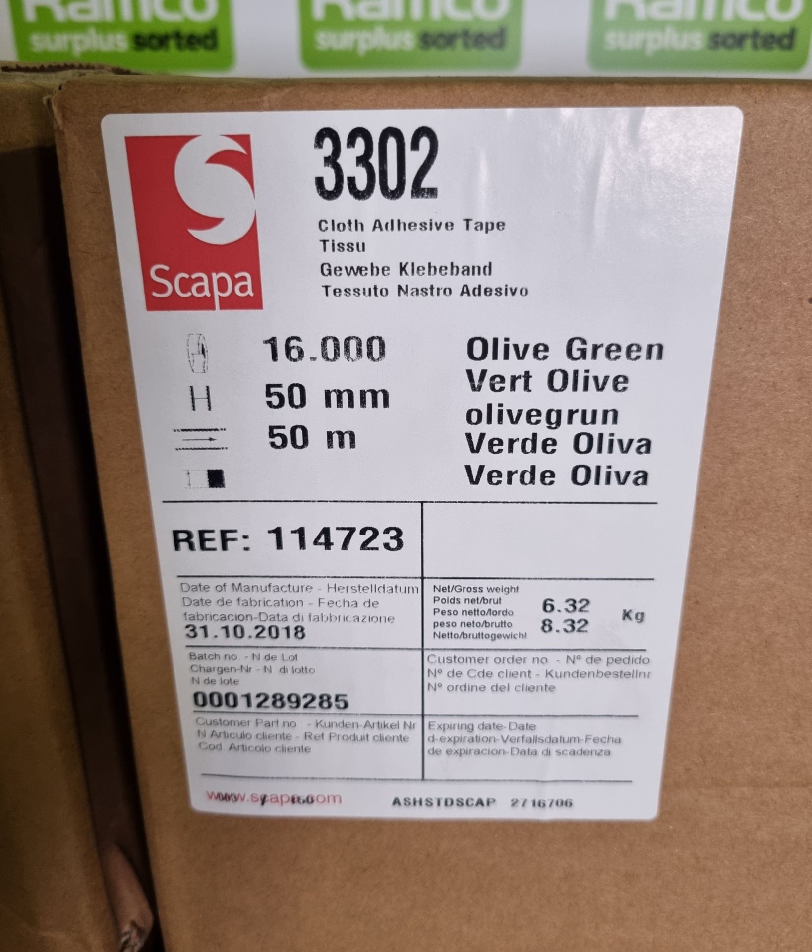 4x boxes of Scapa 3302 uncoated cotton cloth adhesive tape - olive green - 50mm x 50m - Image 2 of 3