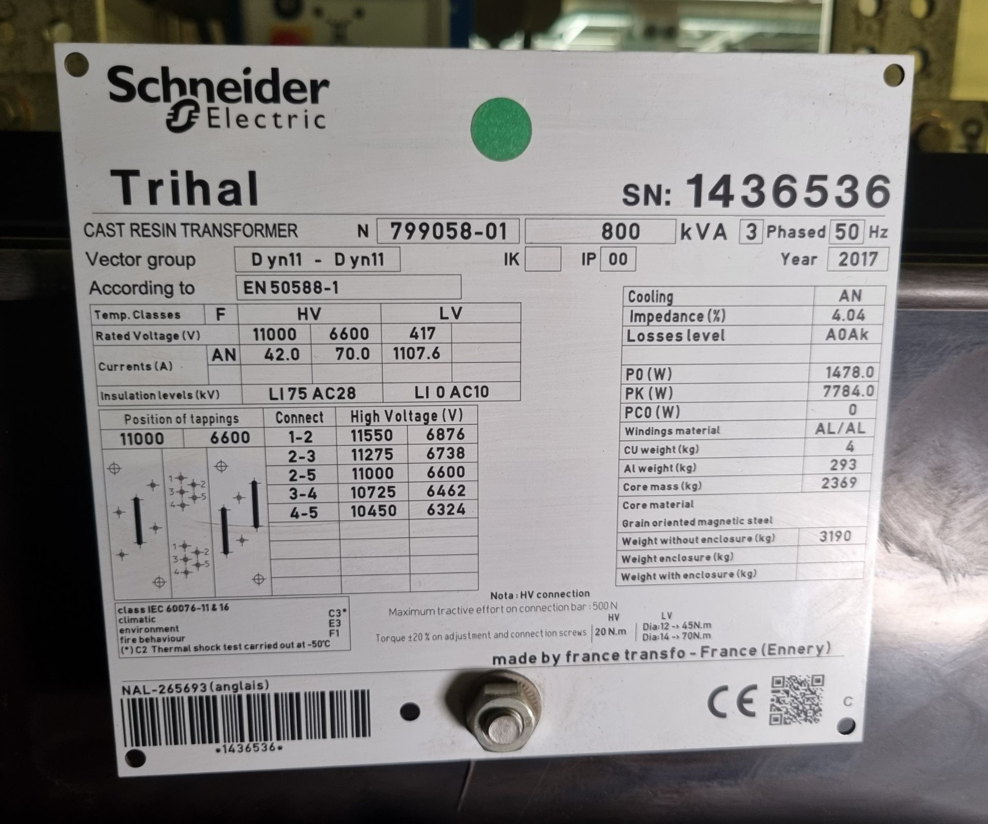 Schneider Electric Trihal cast resin transformer - 800kVA - 3 phase - 50Hz - Year: 2017 - unissued - Image 6 of 7