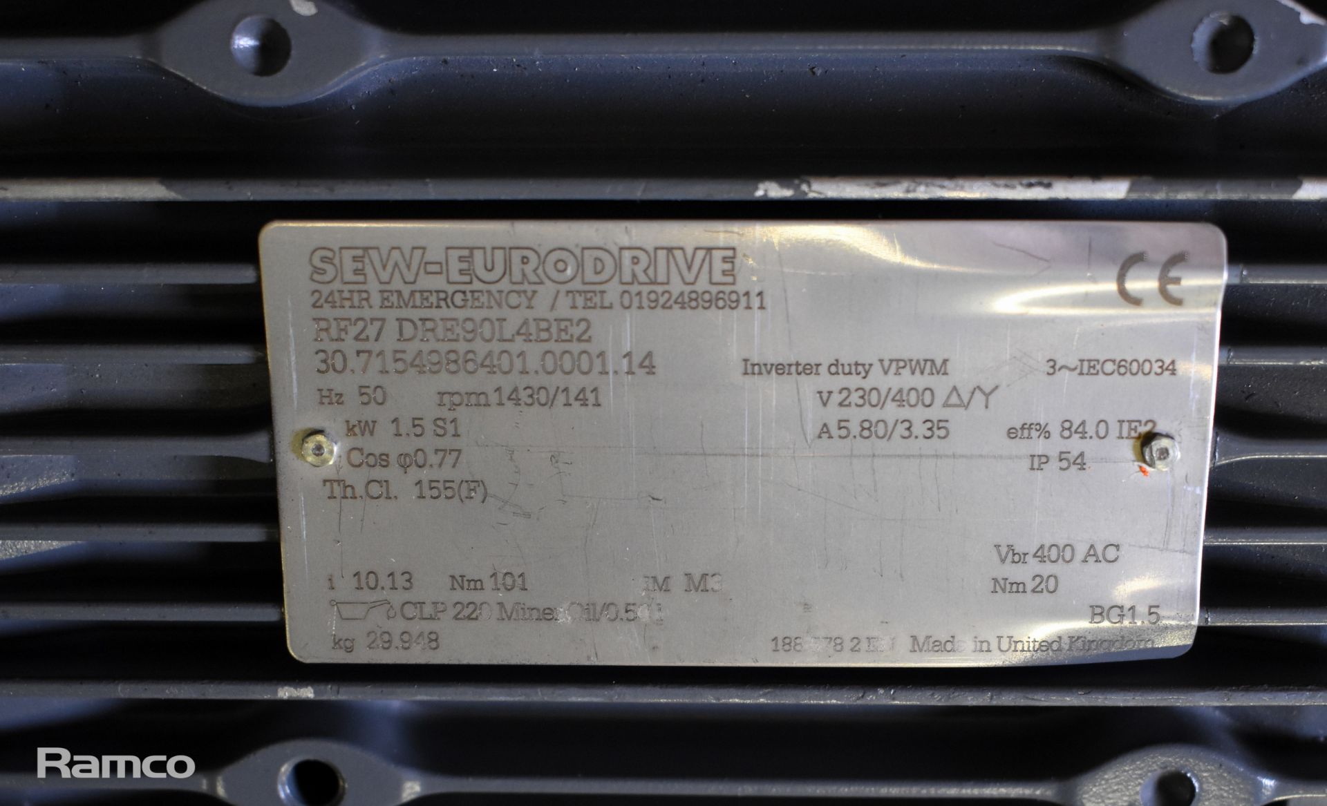 3x SEW-Eurodrive - RF27 DRN90L4BE2 electric gear motors - 1430/141rpm, 1.5kW, 230/400V, 5.80/3.35A - Image 4 of 6