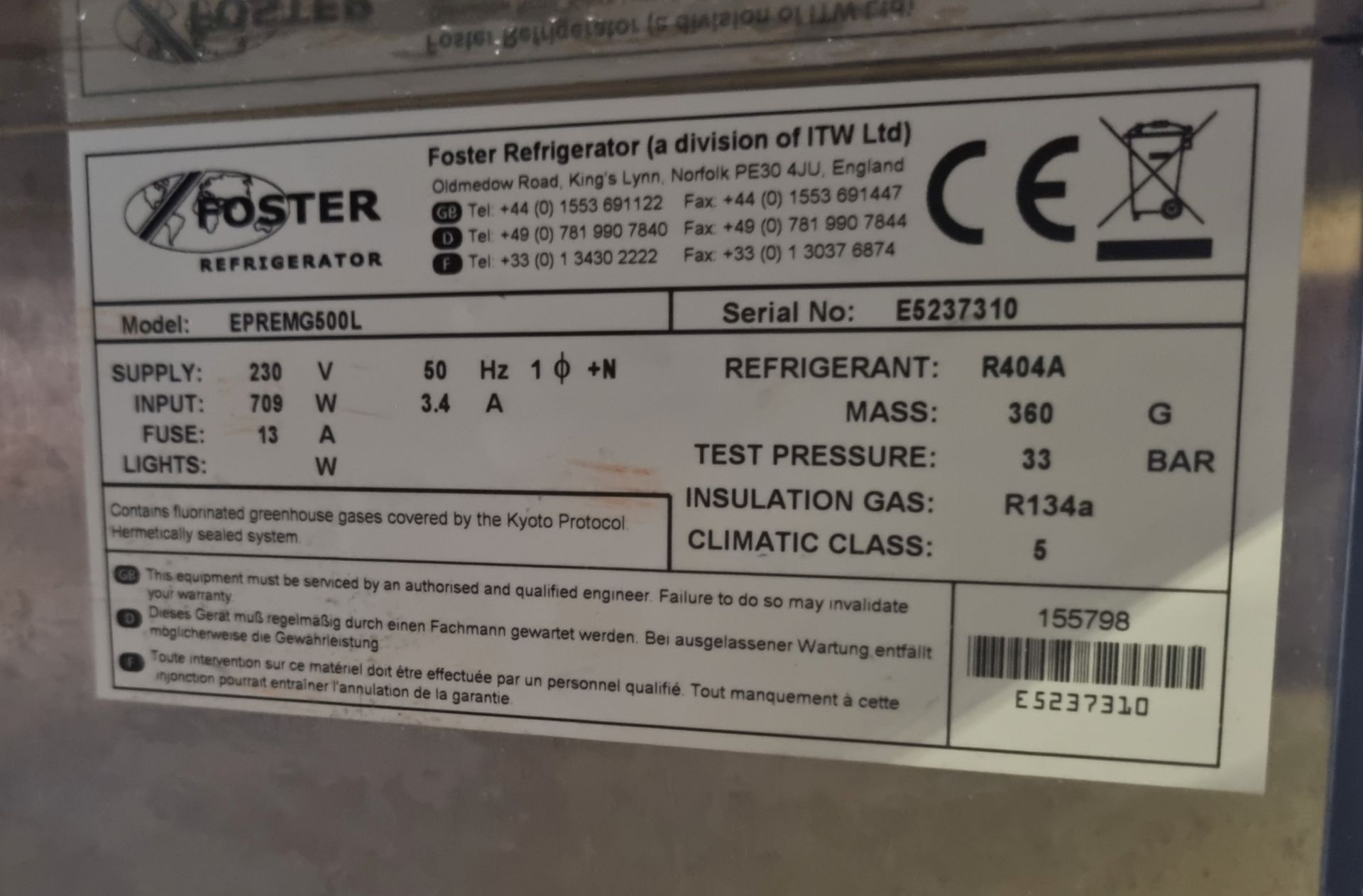 Foster EPREMG500L stainless steel single door upright freezer - W 700 x D 830 x H 1770mm - Image 4 of 4