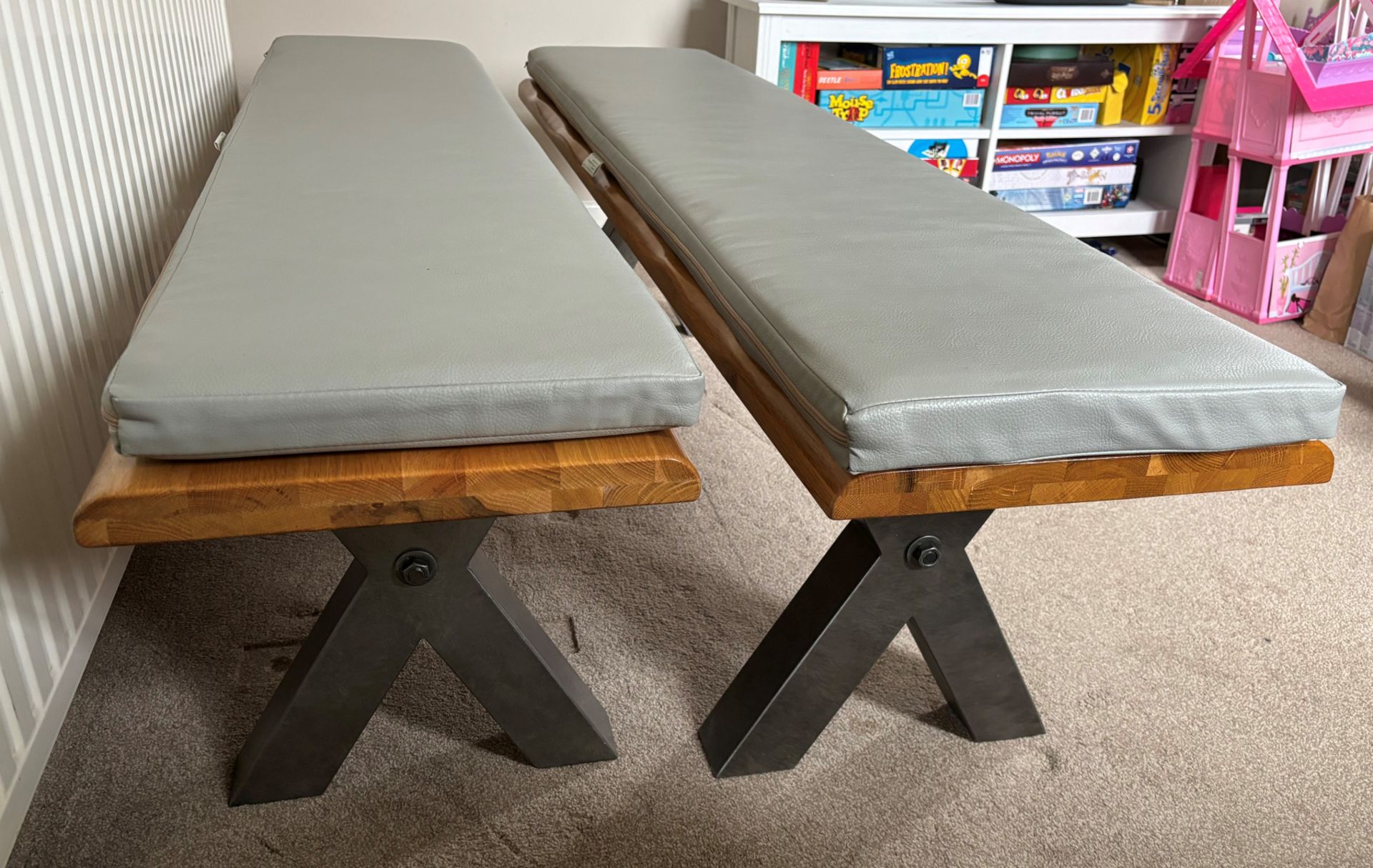 2x Real solid oak dining benches – industrial style with metal legs and 2x bespoke made cushions - Image 4 of 11