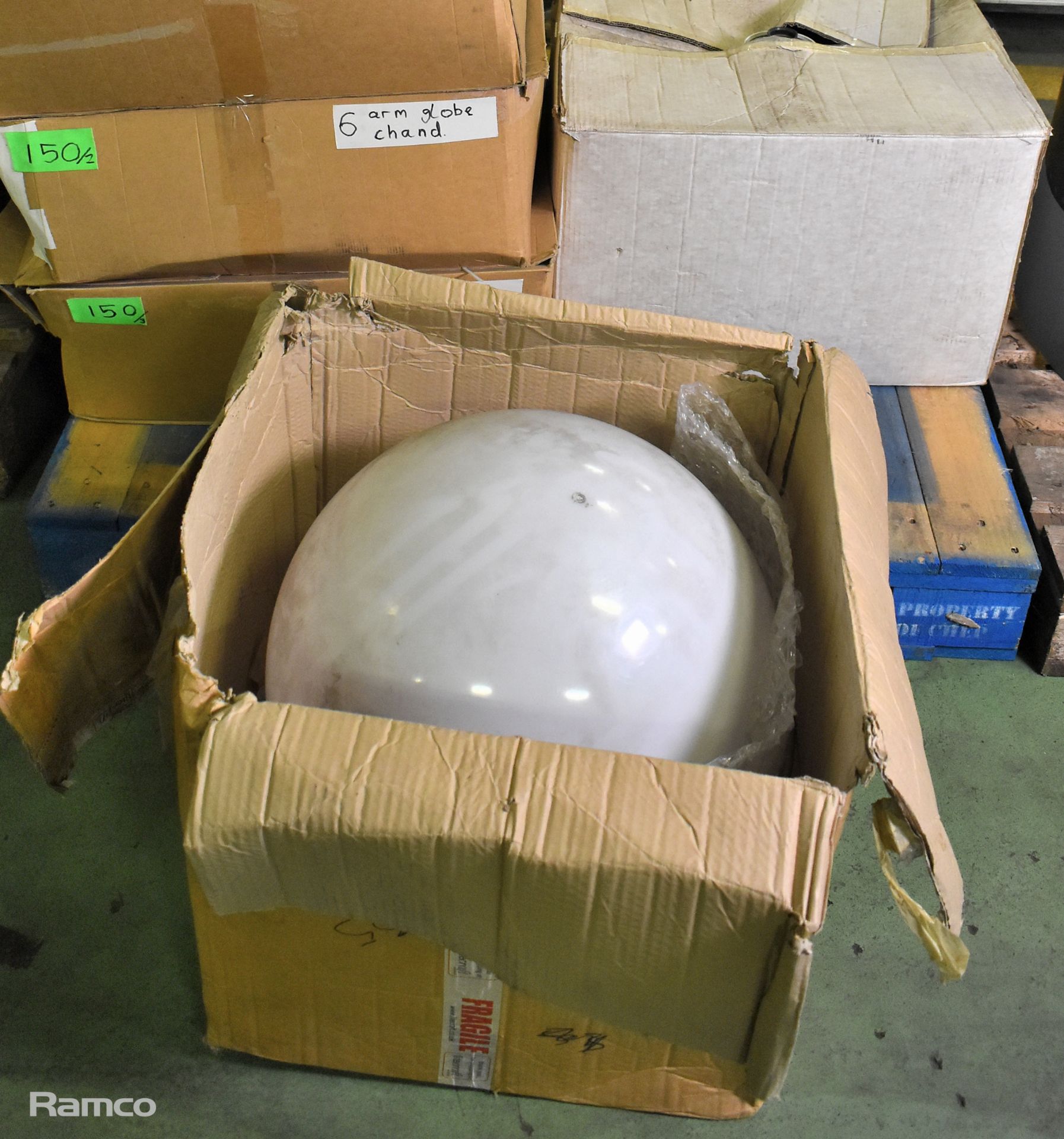 3x 6-arm white globe chandeliers, 150W large white globe chandelier, 2x 5-arm white globe chandelier - Image 2 of 11