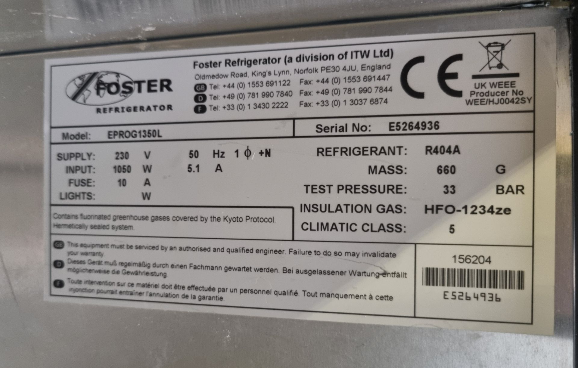 Foster EPROG1350L stainless steel double door upright freezer - W 1440 x D 810 x H 2060mm - Image 6 of 6