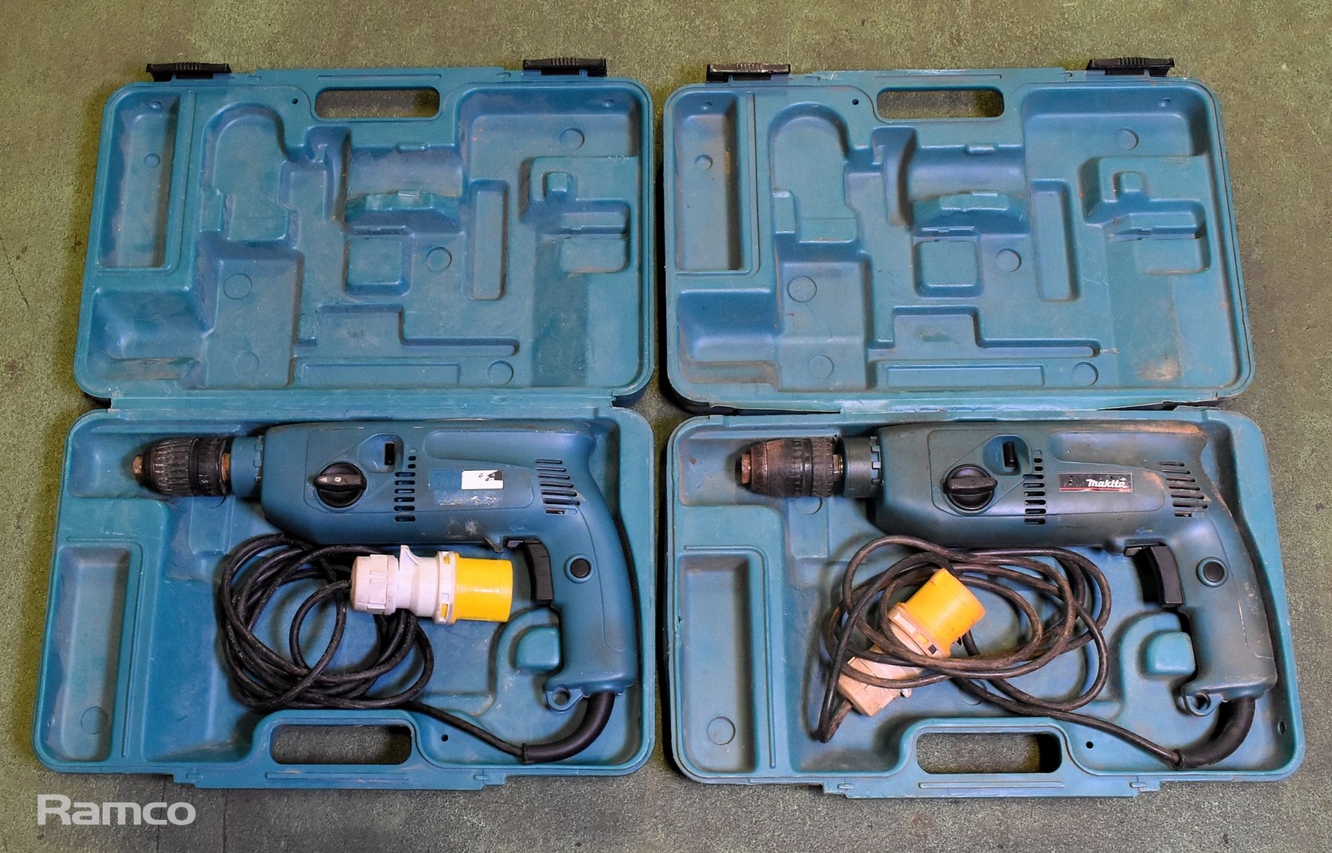 2x Makita HP2041 110V electric rotary hammer drills with case