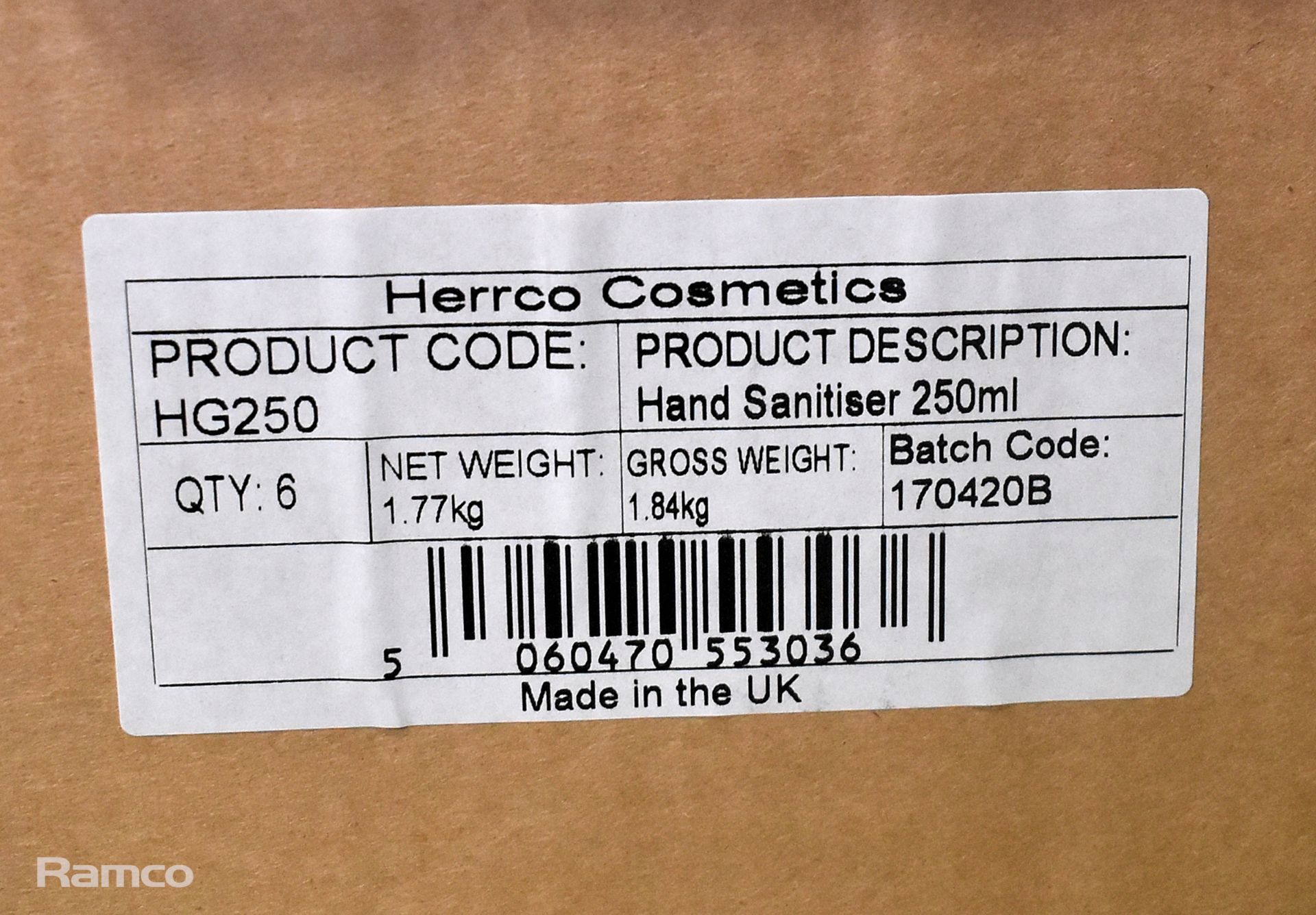 8x boxes of Herrco Cosmetics anti-bacterial hand gel - 250ml - 6 bottles per box - Image 4 of 6