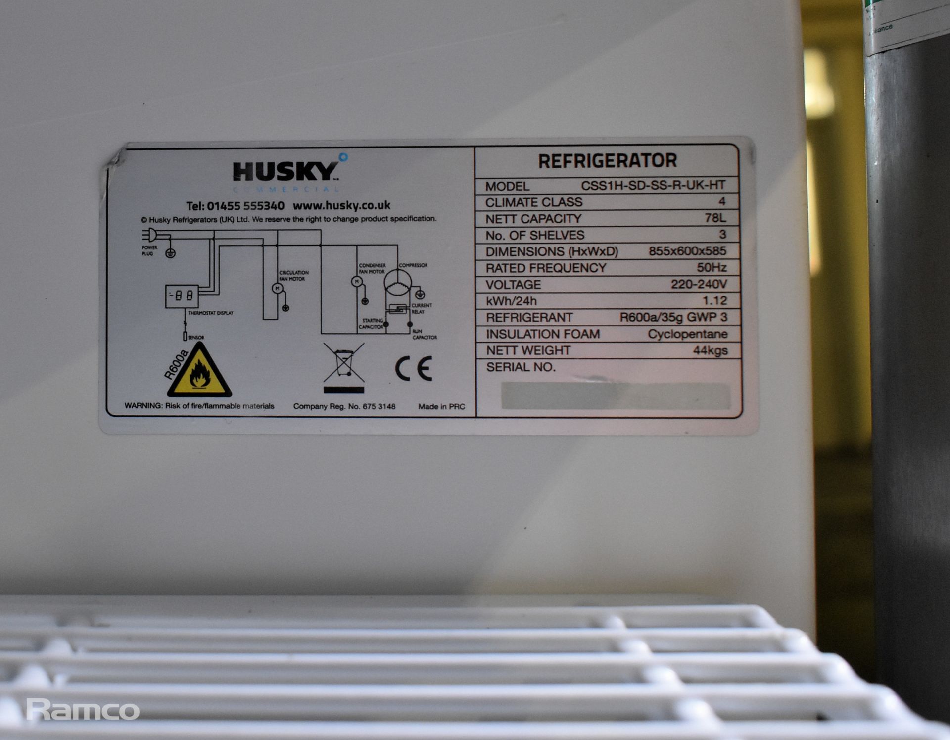 Husky CSS1H-SD-SS-R-UK-HT stainless steel single door under counter fridge - W 600 x D 600 x H 850mm - Image 3 of 7
